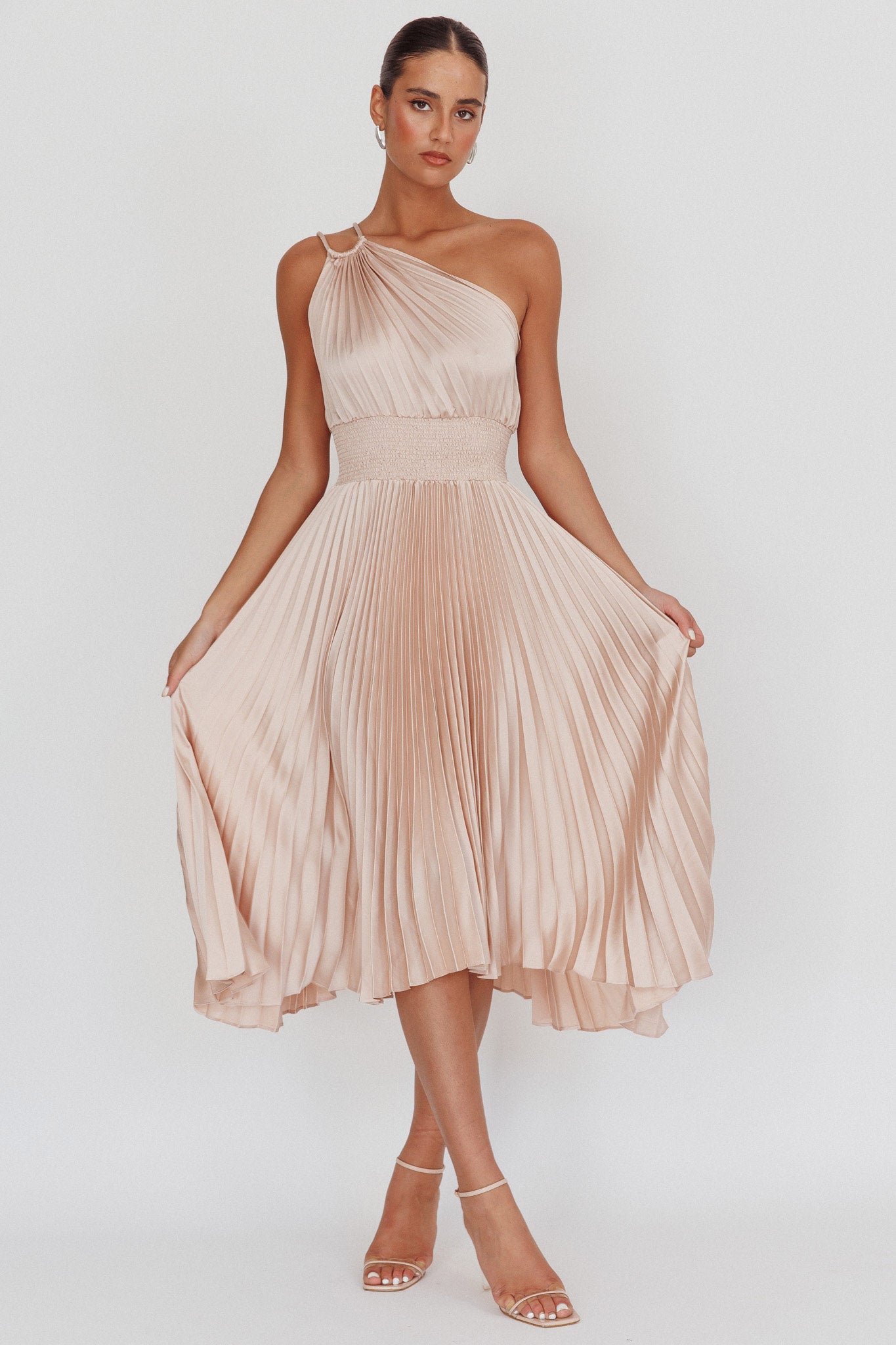Calissa One Shoulder Pleated Midi Dress Champagne-Maymioy