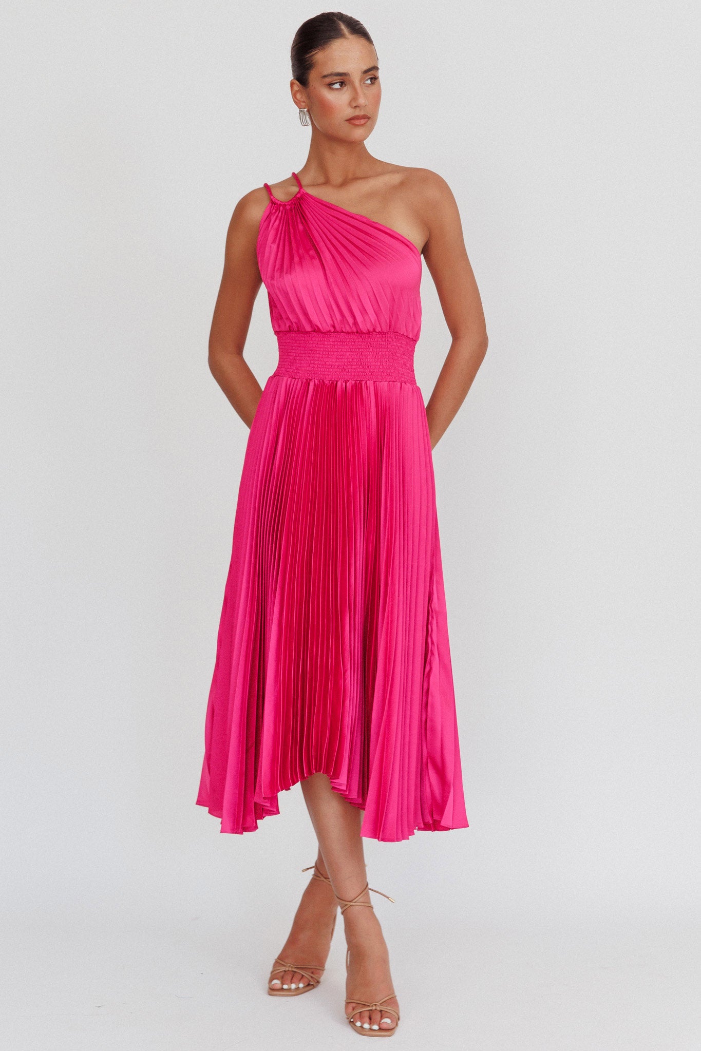 Calissa One Shoulder Pleated Midi Dress Magenta-Maymioy