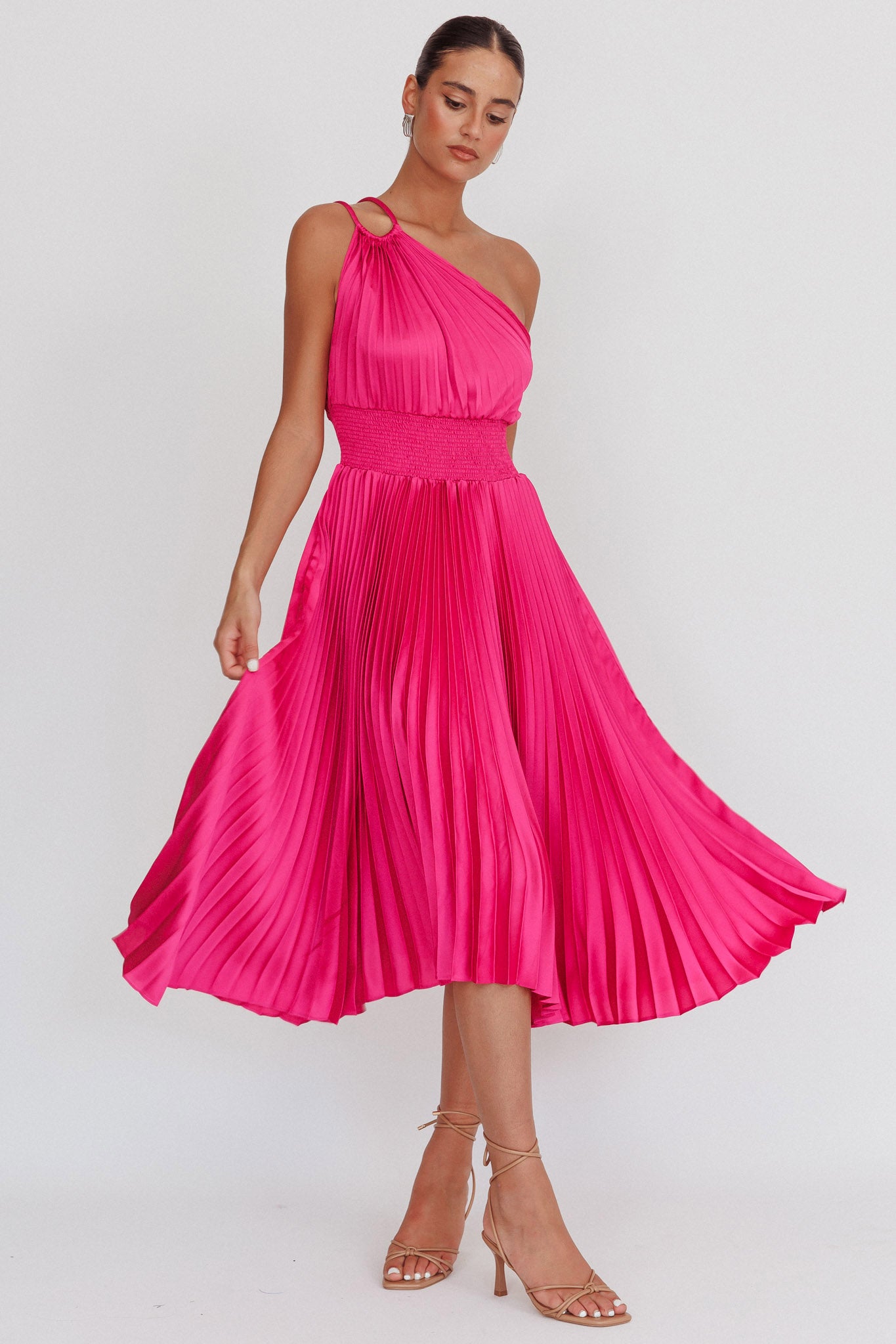 Calissa One Shoulder Pleated Midi Dress Magenta-Maymioy