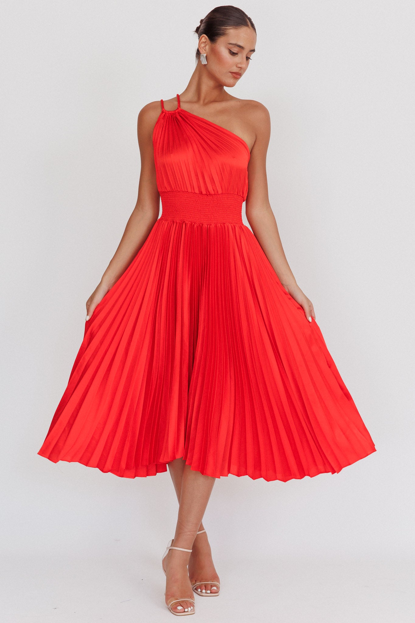 Calissa One Shoulder Pleated Midi Dress Red-Maymioy