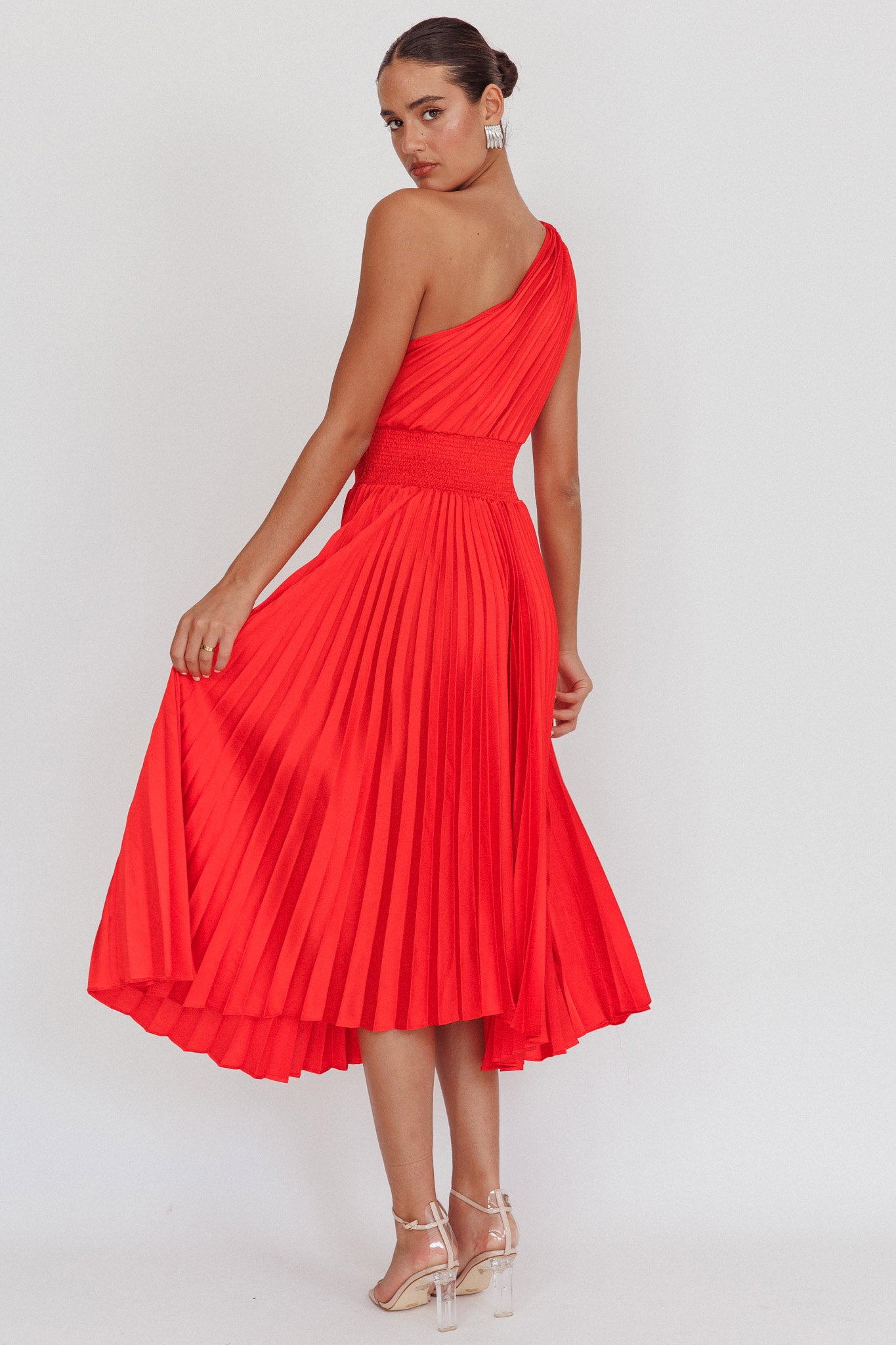 Calissa One Shoulder Pleated Midi Dress Red-Maymioy
