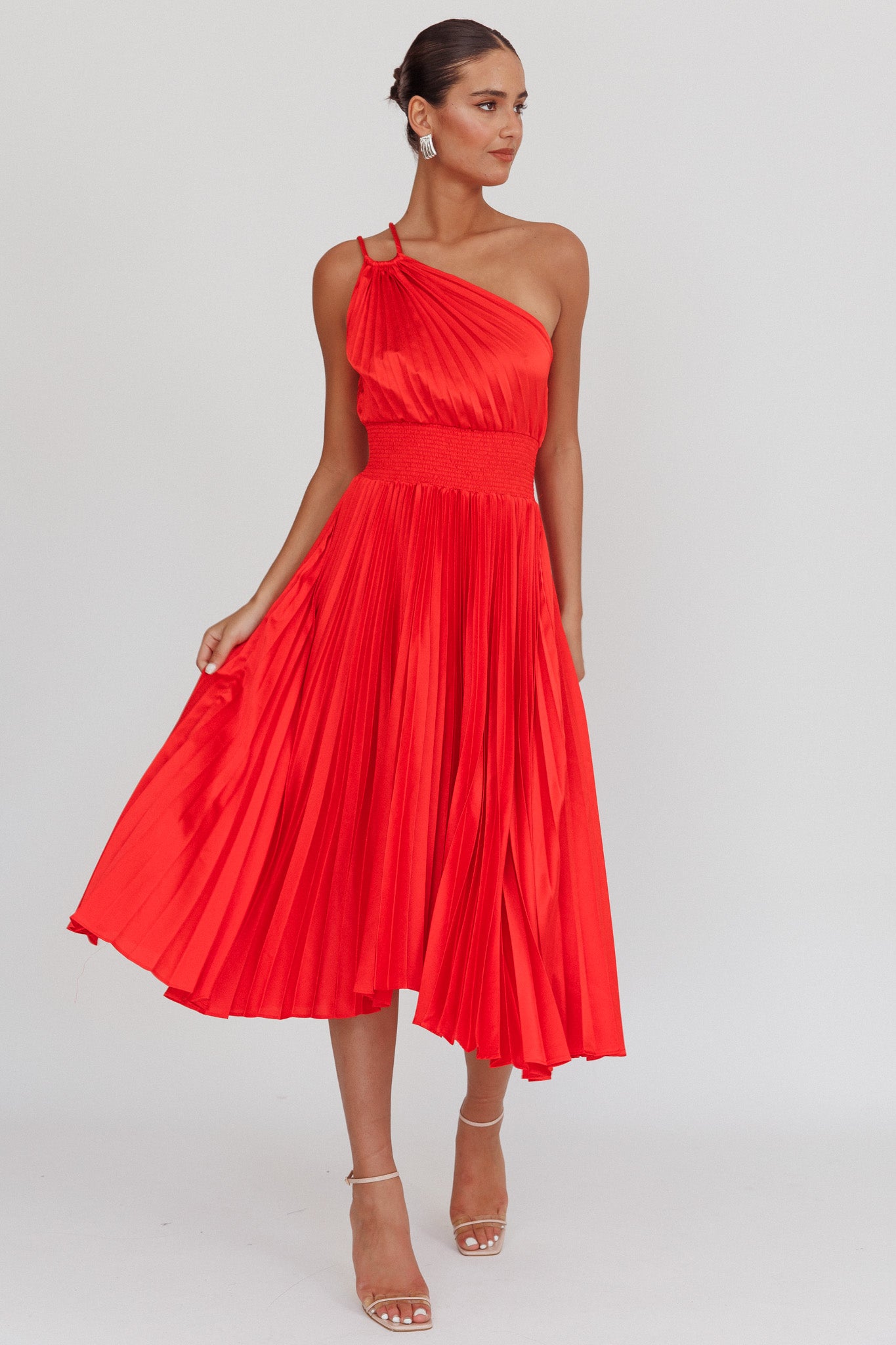 Calissa One Shoulder Pleated Midi Dress Red-Maymioy
