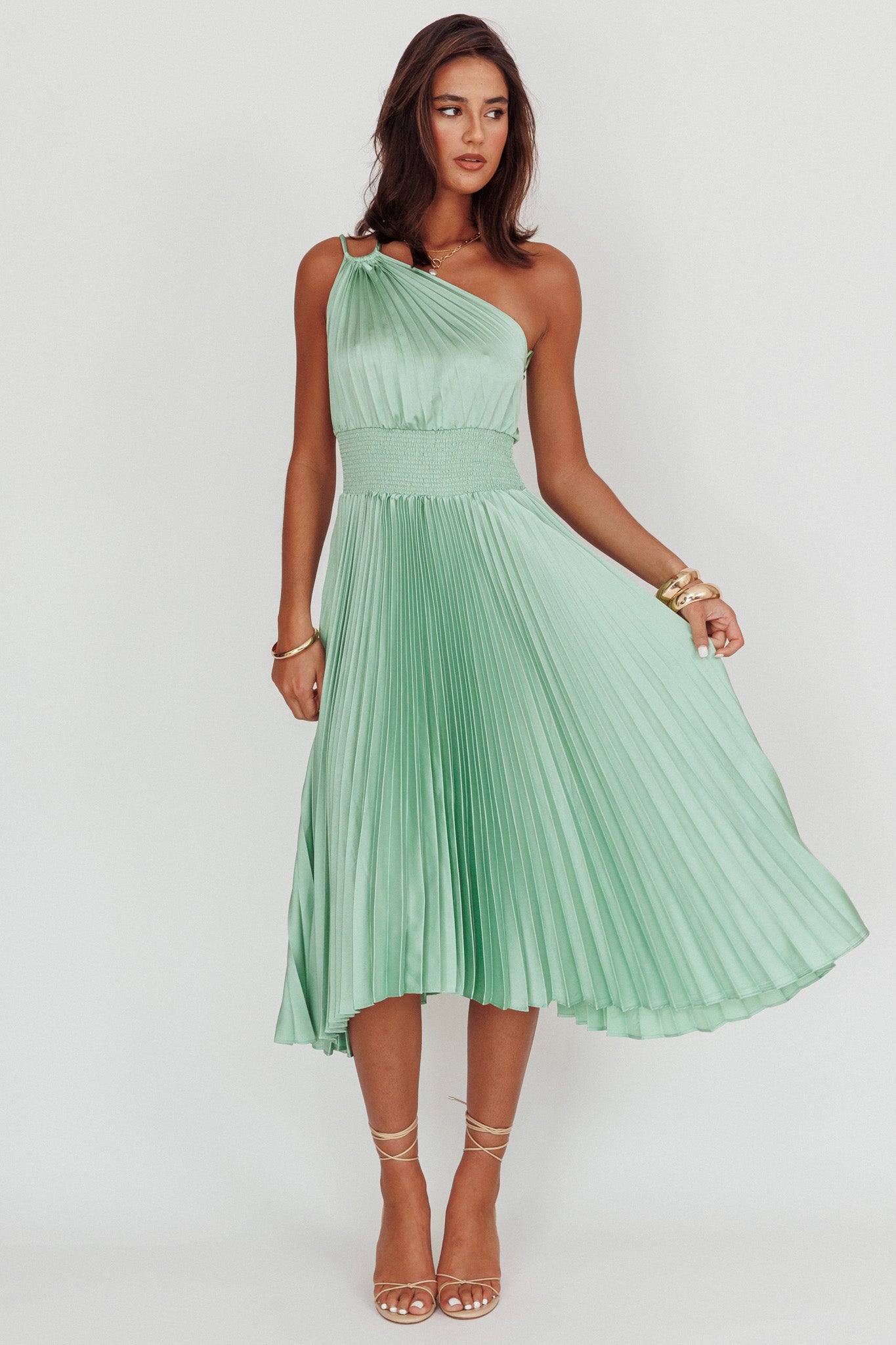 Calissa One Shoulder Pleated Midi Dress Sage-Maymioy