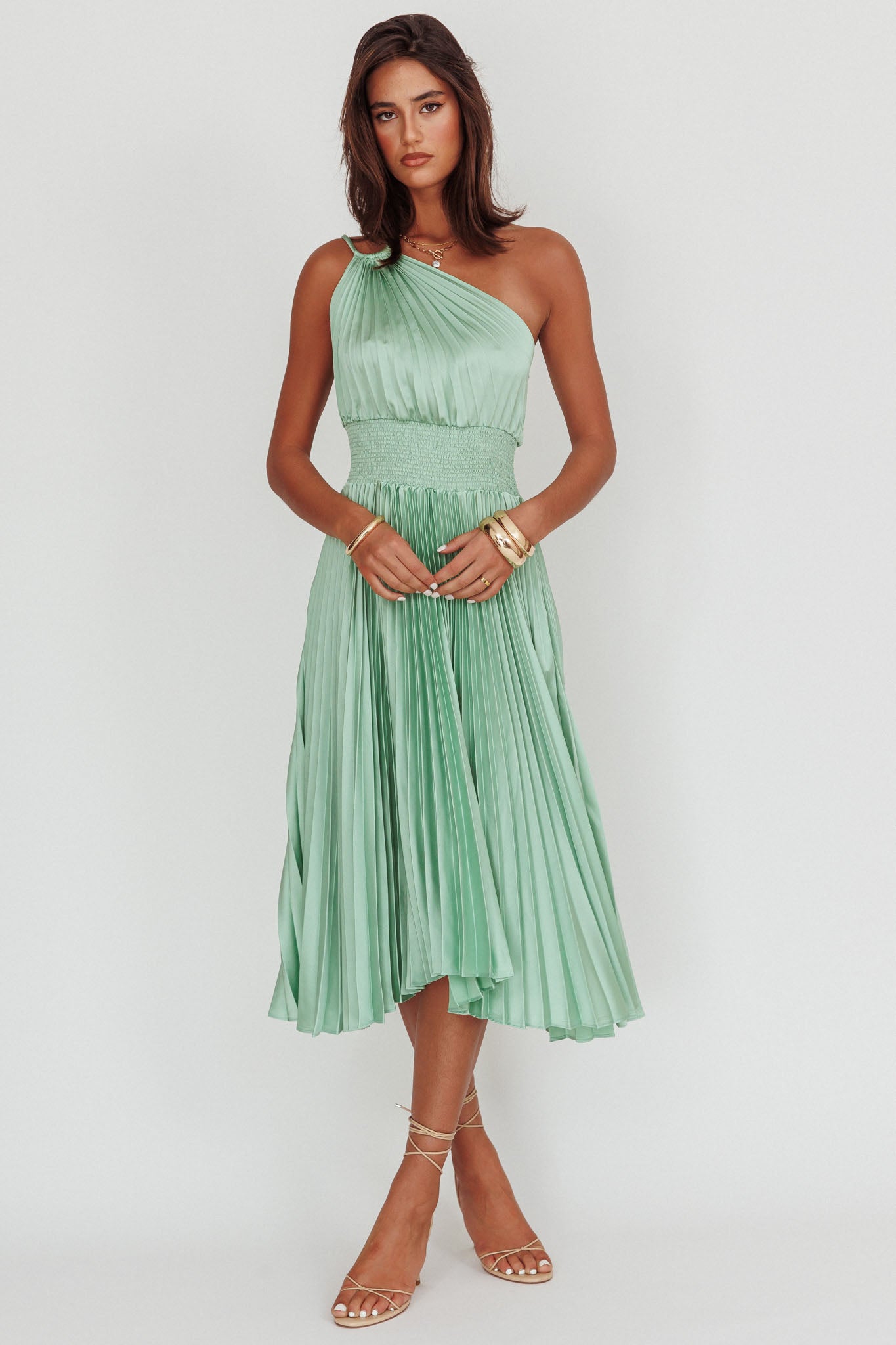 Calissa One Shoulder Pleated Midi Dress Sage-Maymioy