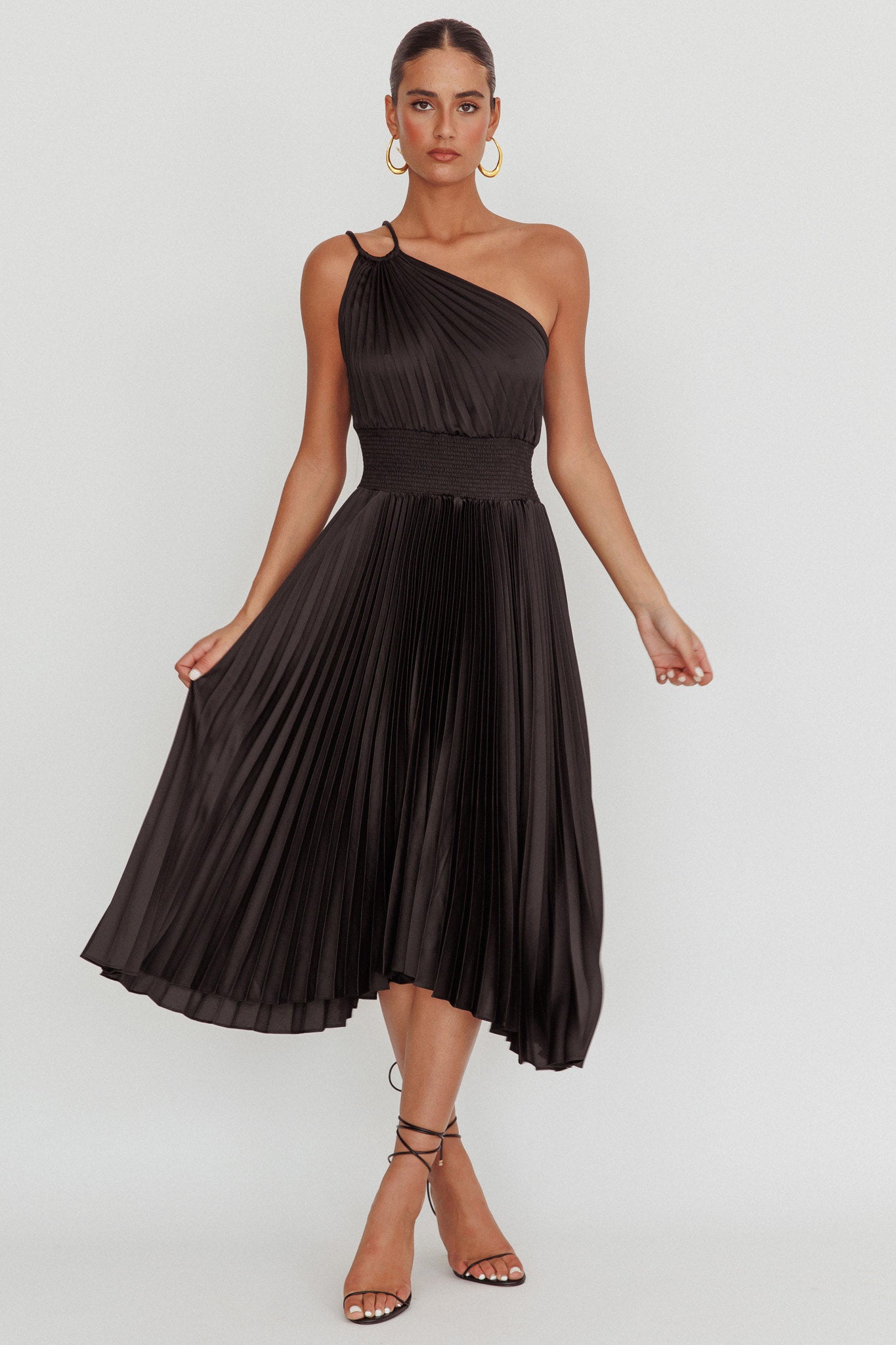 Calissa One Shoulder Pleated Midi Dress Black-Maymioy