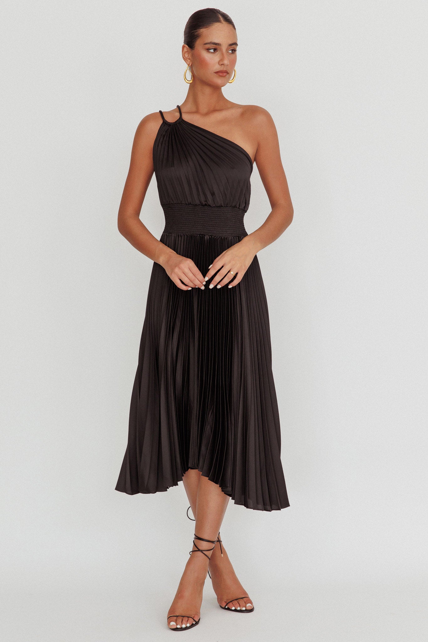 Calissa One Shoulder Pleated Midi Dress Black-Maymioy