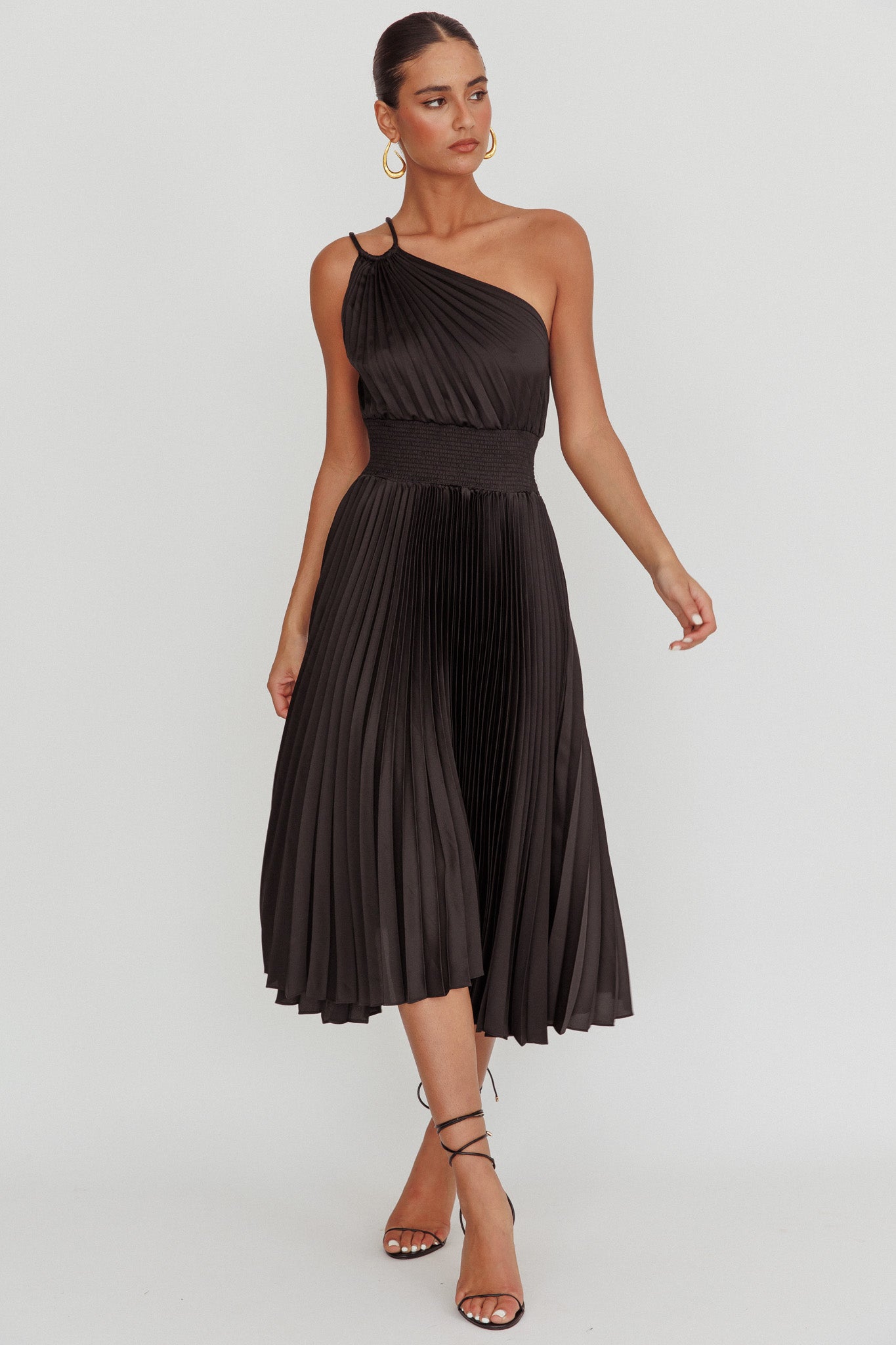 Calissa One Shoulder Pleated Midi Dress Black-Maymioy