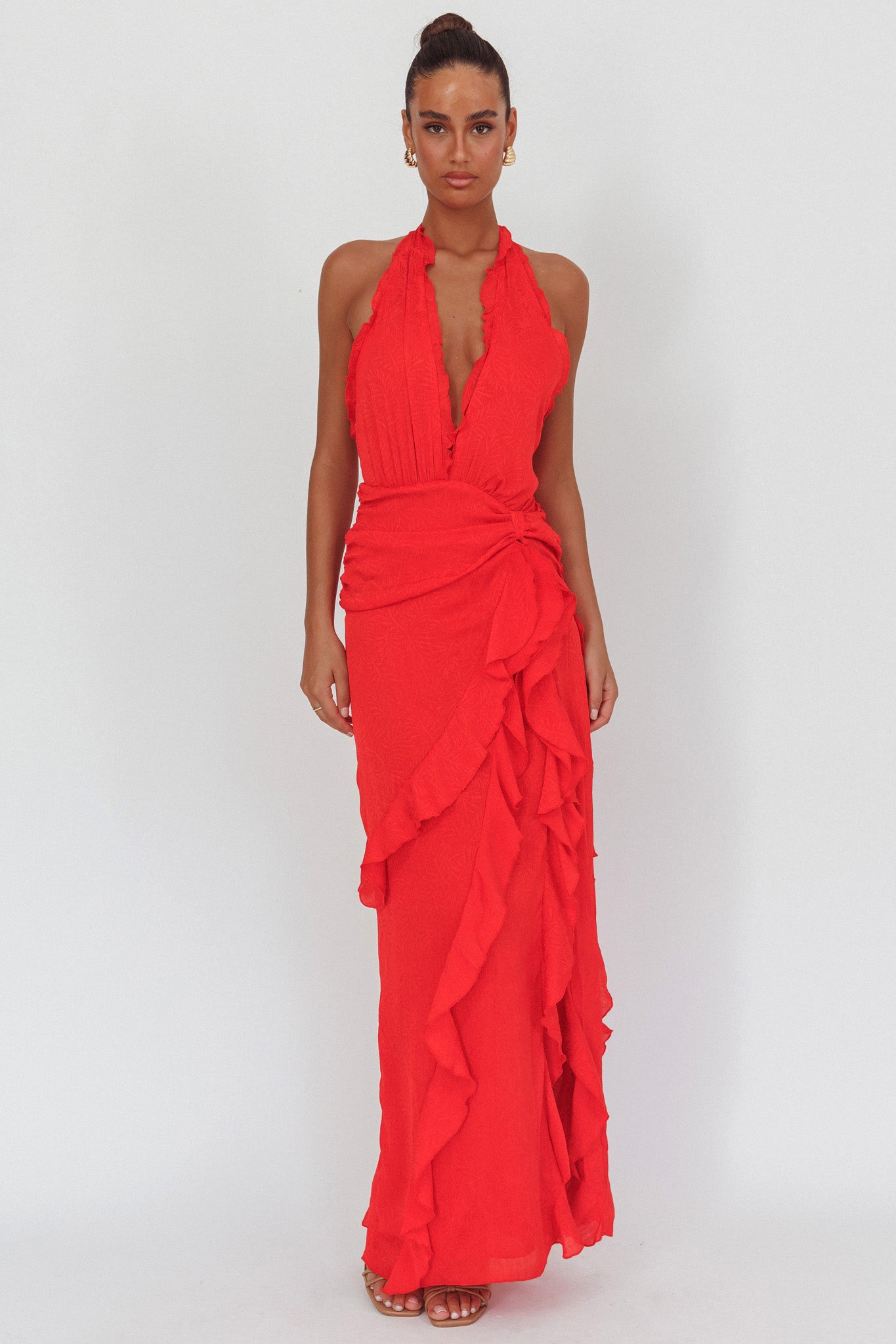 Libre Plunging Halter Ruffle Maxi Dress Red-Maymioy