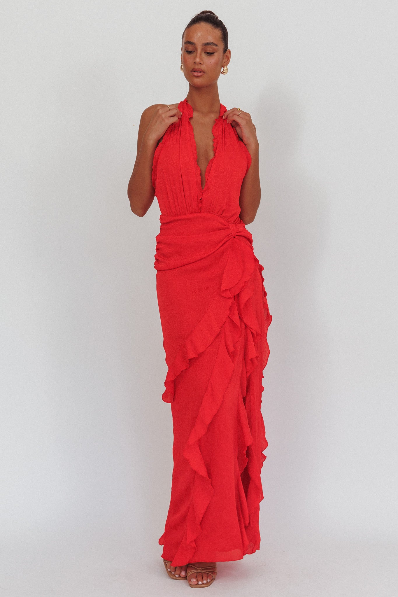 Libre Plunging Halter Ruffle Maxi Dress Red-Maymioy