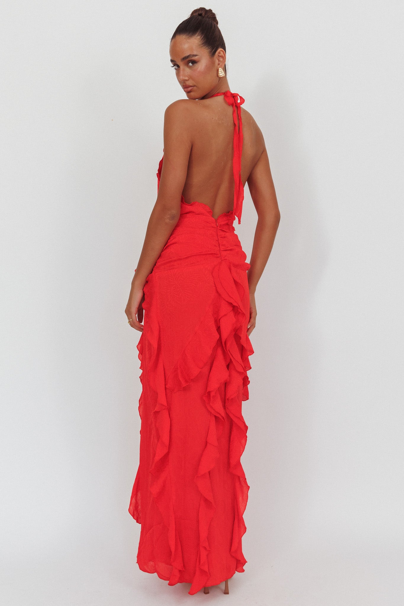Libre Plunging Halter Ruffle Maxi Dress Red-Maymioy