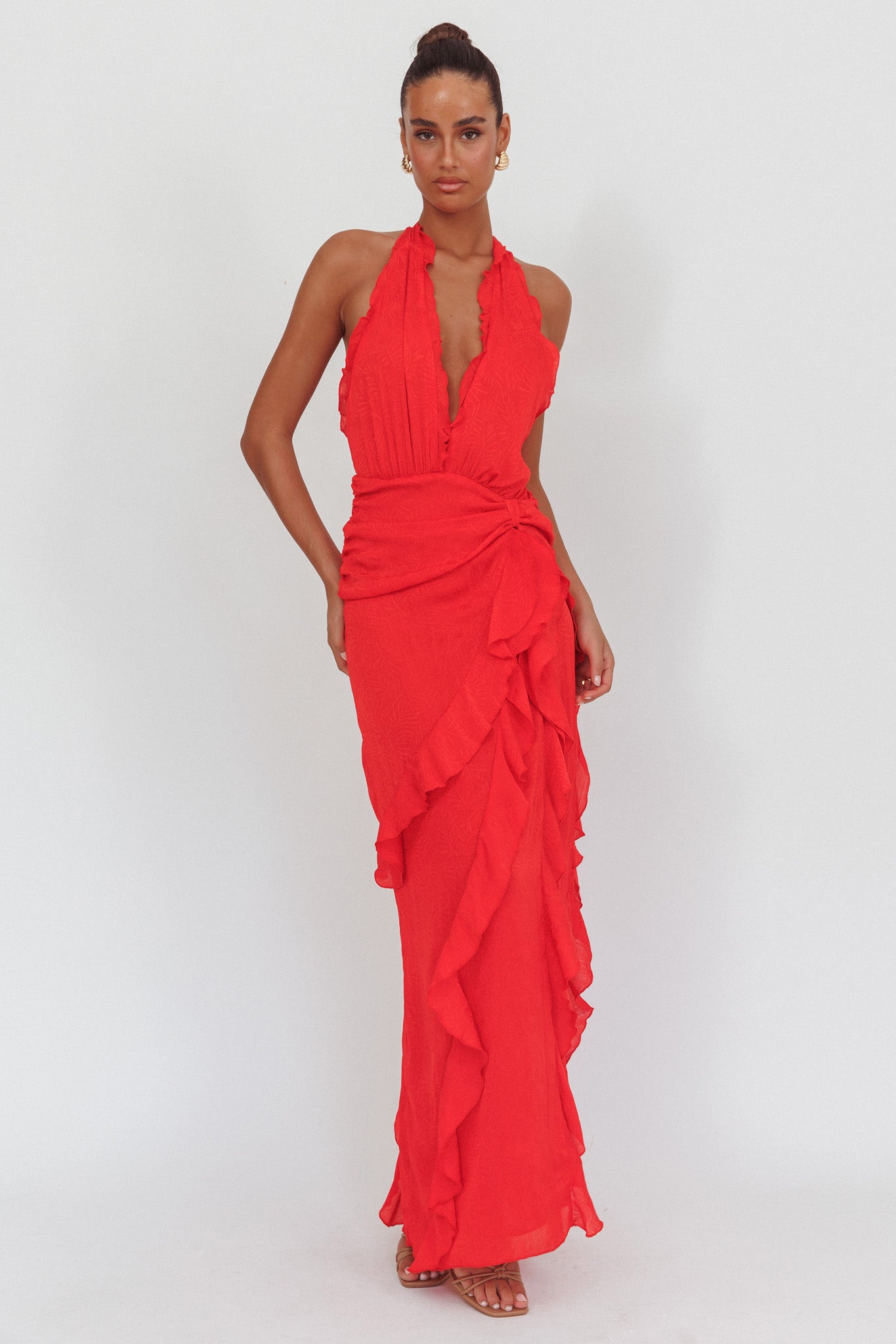 Libre Plunging Halter Ruffle Maxi Dress Red-Maymioy