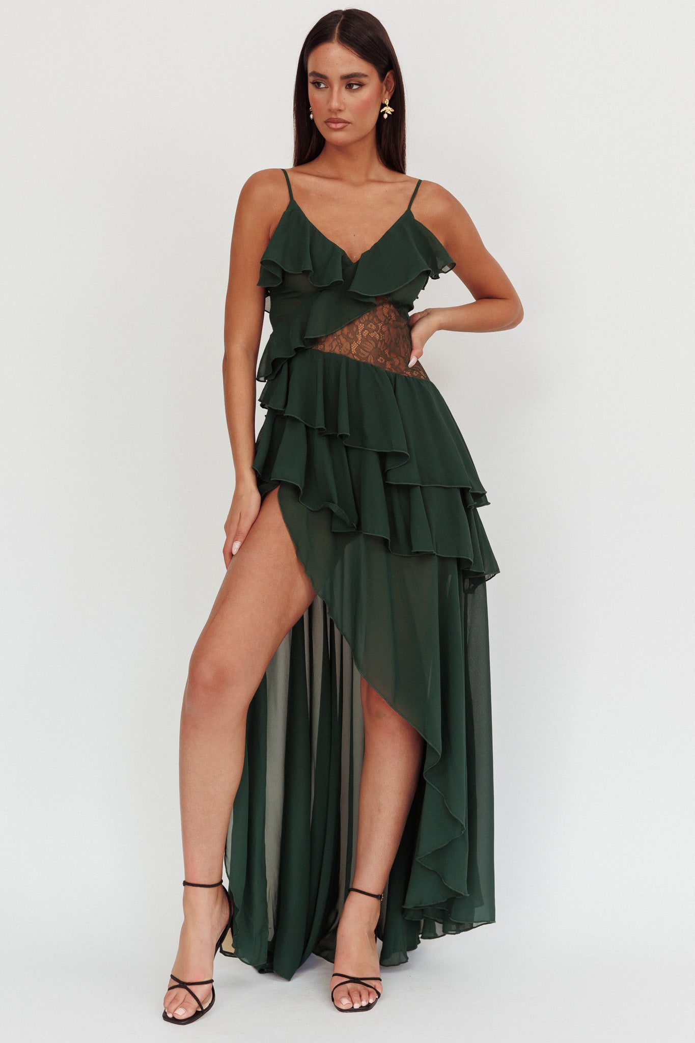 Amaretto Lace Waist Ruffle Maxi Dress Hunter Green-Maymioy