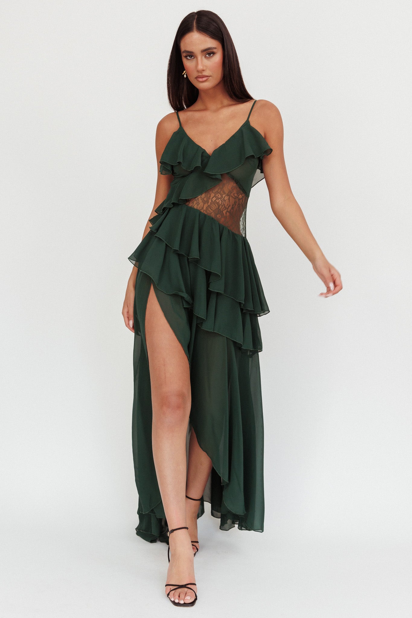 Amaretto Lace Waist Ruffle Maxi Dress Hunter Green-Maymioy