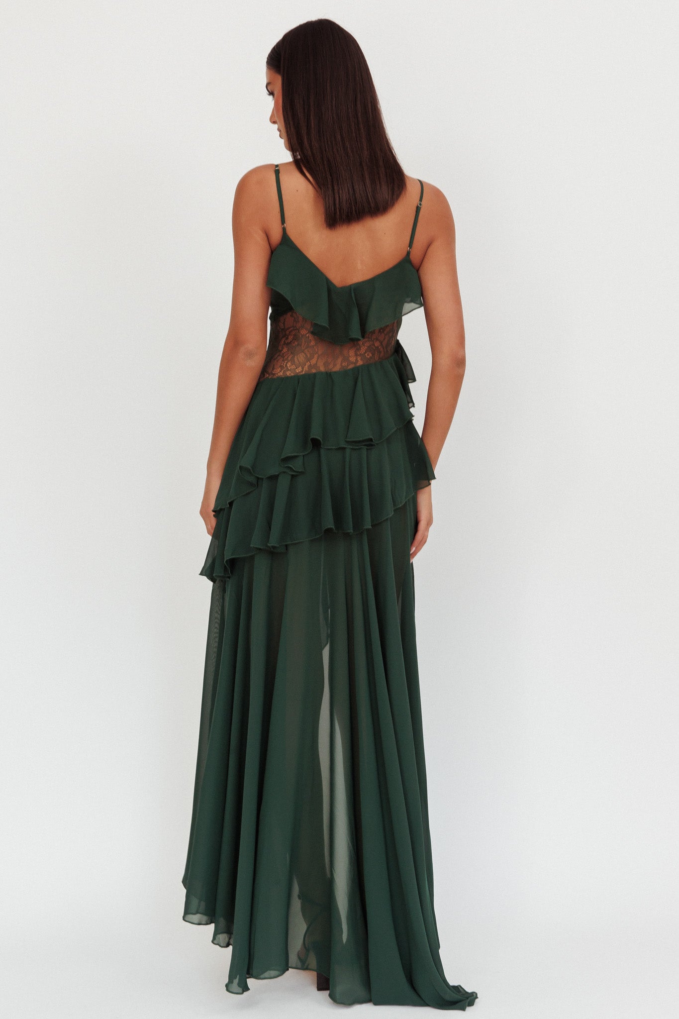 Amaretto Lace Waist Ruffle Maxi Dress Hunter Green-Maymioy