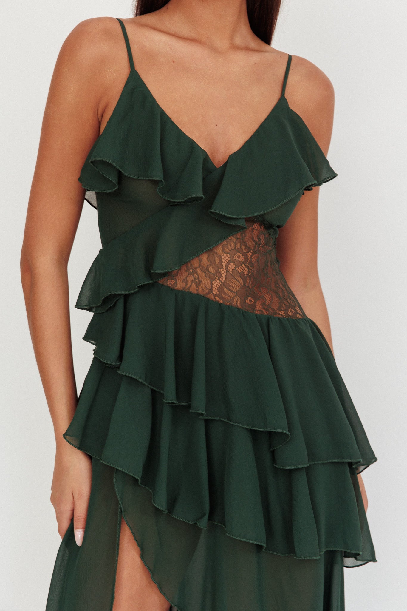 Amaretto Lace Waist Ruffle Maxi Dress Hunter Green-Maymioy