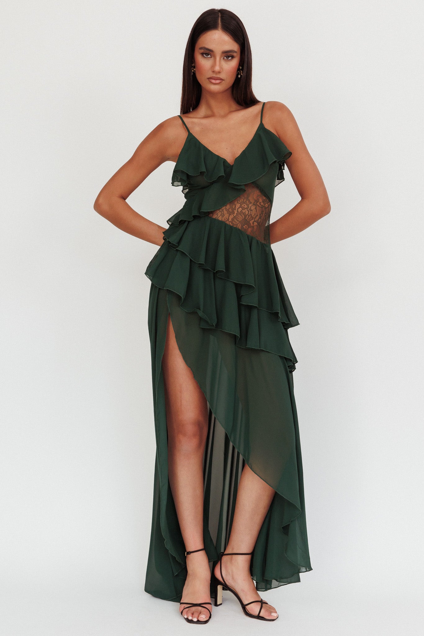 Amaretto Lace Waist Ruffle Maxi Dress Hunter Green-Maymioy