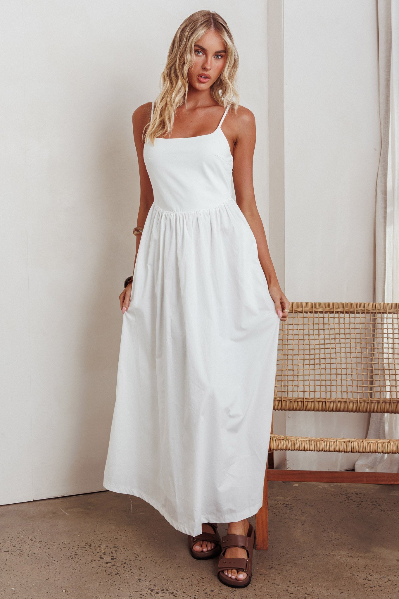 Yelizaveta Side Pocket Maxi Dress White-Maymioy