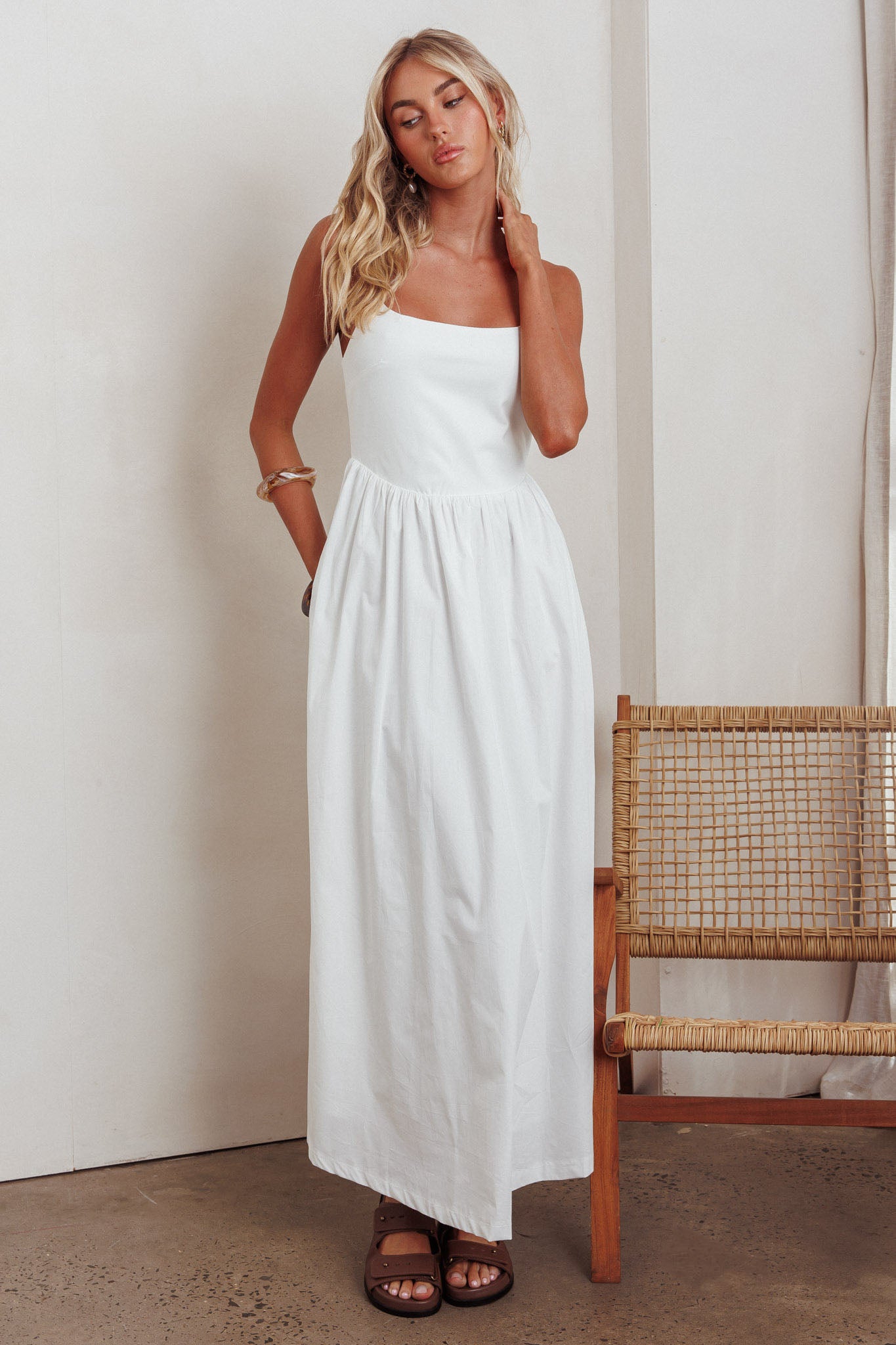 Yelizaveta Side Pocket Maxi Dress White-Maymioy