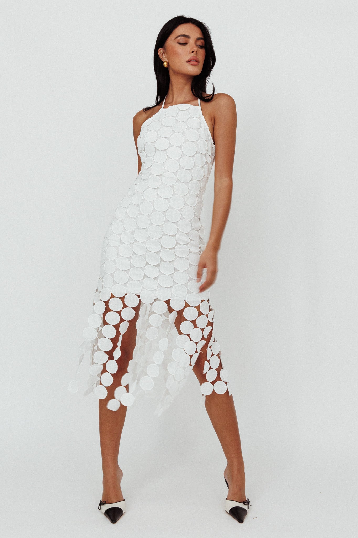 Taking Chances Halterneck Circle Mini Dress White-Maymioy