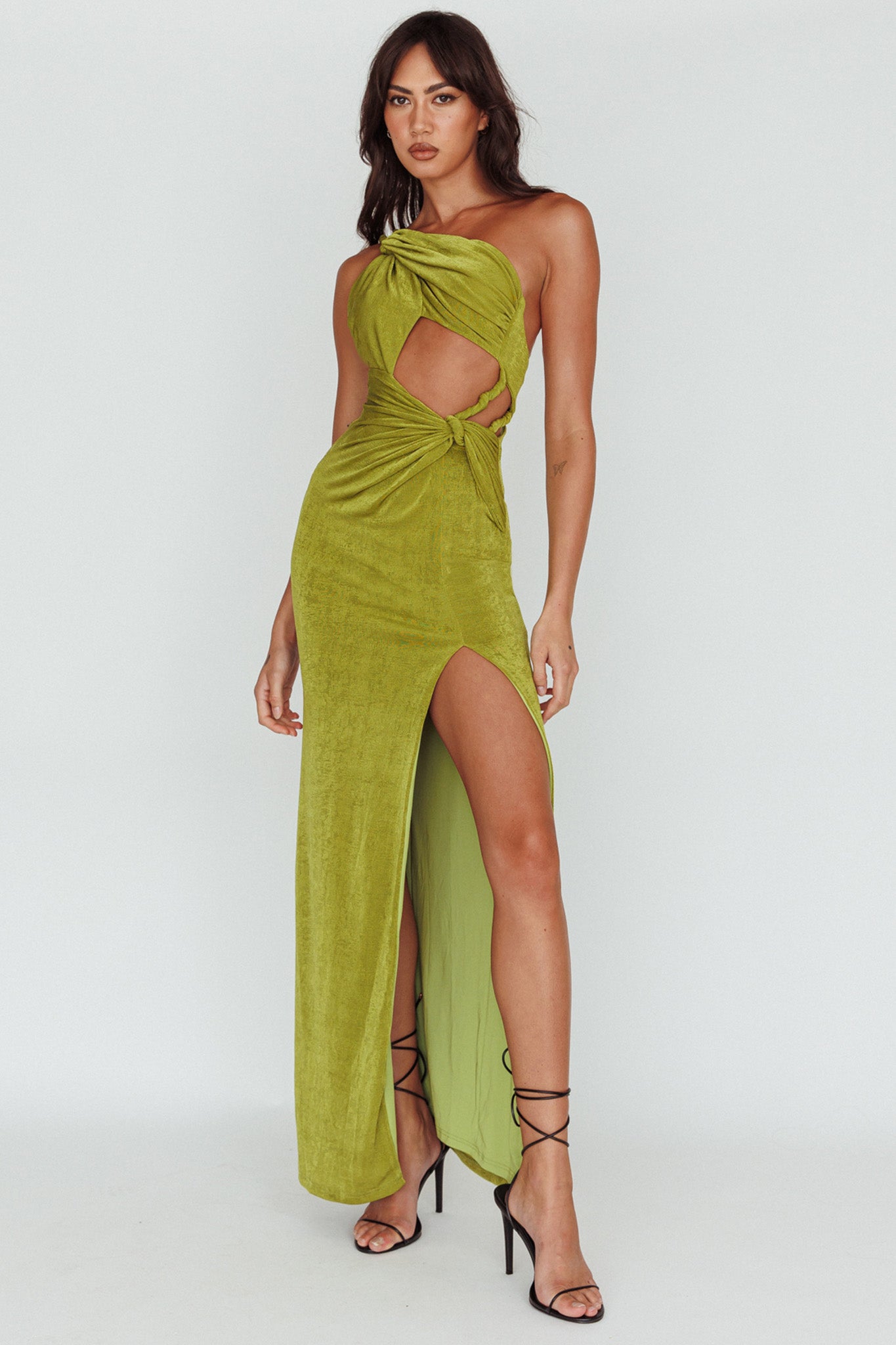 Kiah Twist Accent Thigh Split Midi Dress Moss-Maymioy