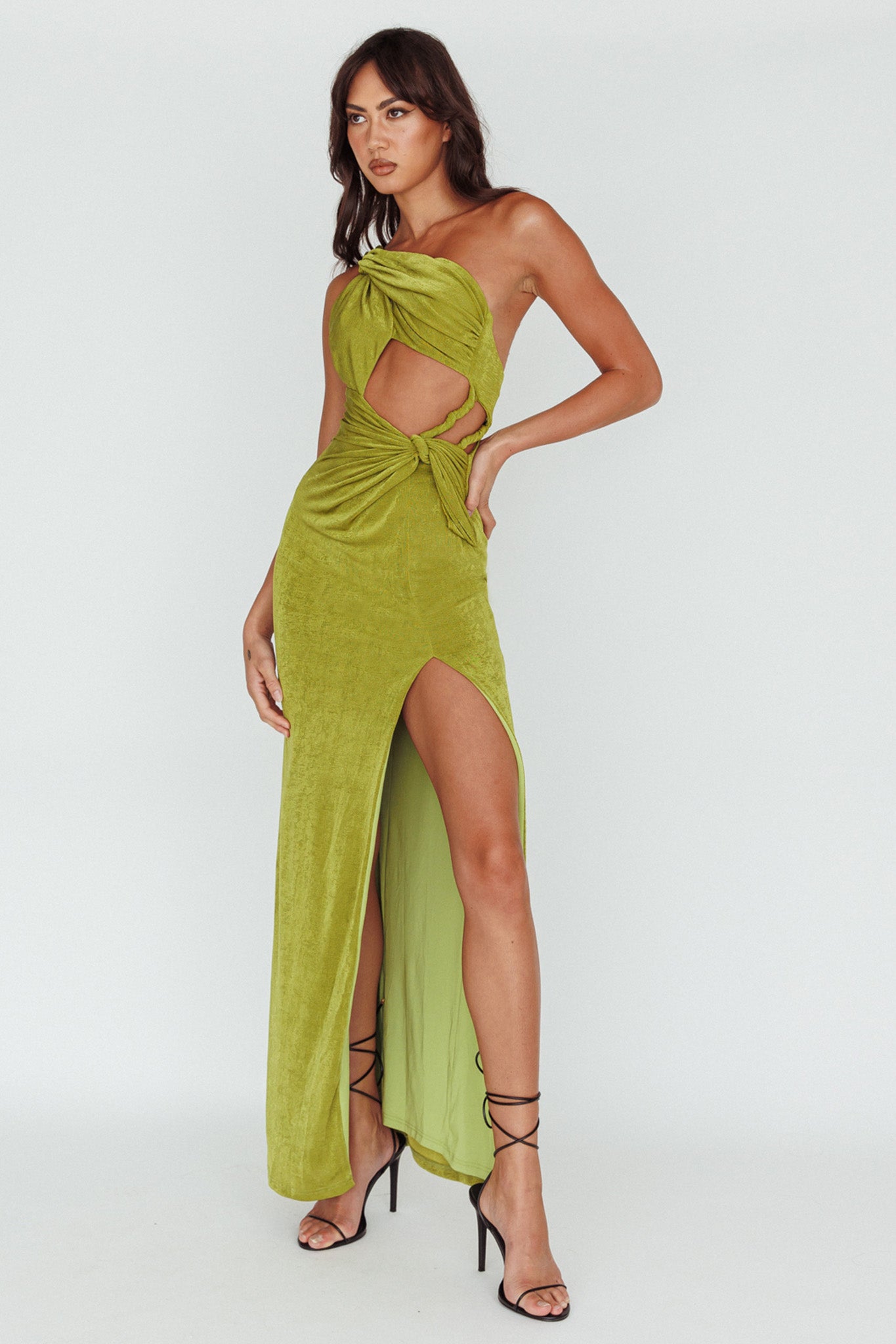 Kiah Twist Accent Thigh Split Midi Dress Moss-Maymioy