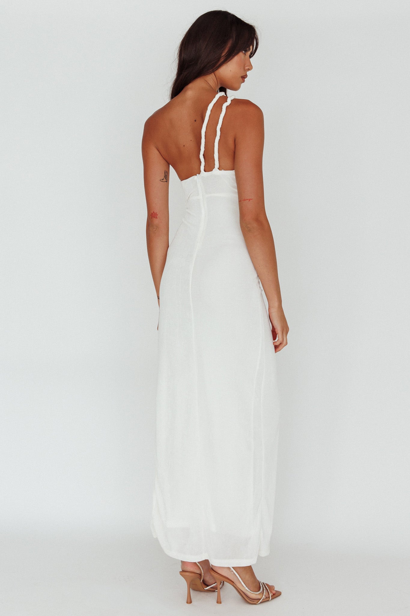 Kiah Twist Accent Thigh Split Midi Dress White-Maymioy