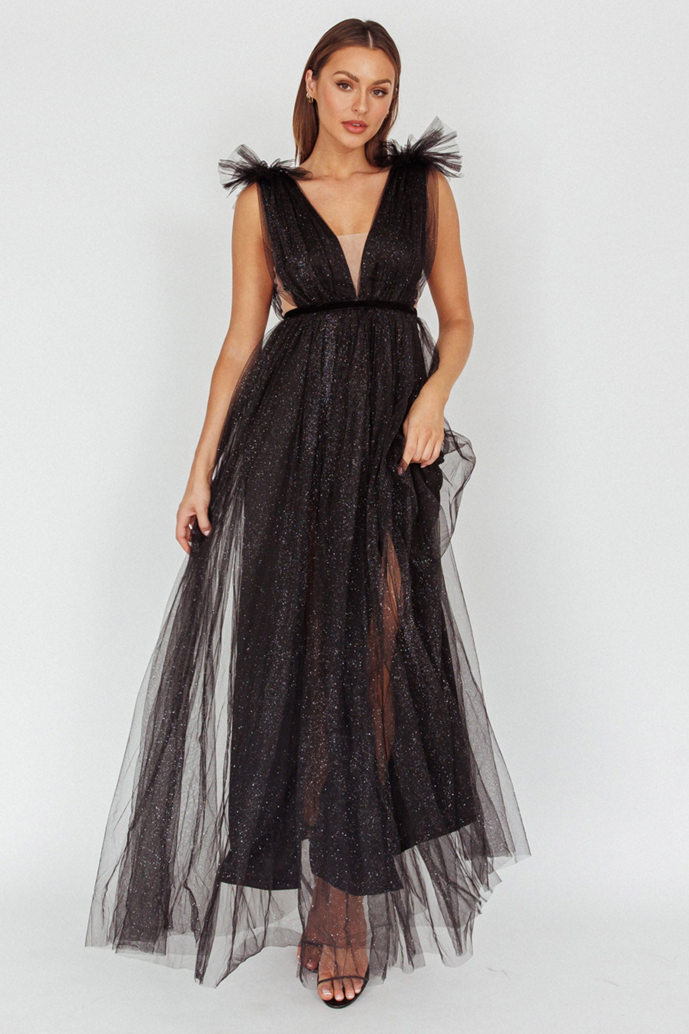 Ludivine Shoulder Accent Mesh Midi Dress Glitter Black-Maymioy