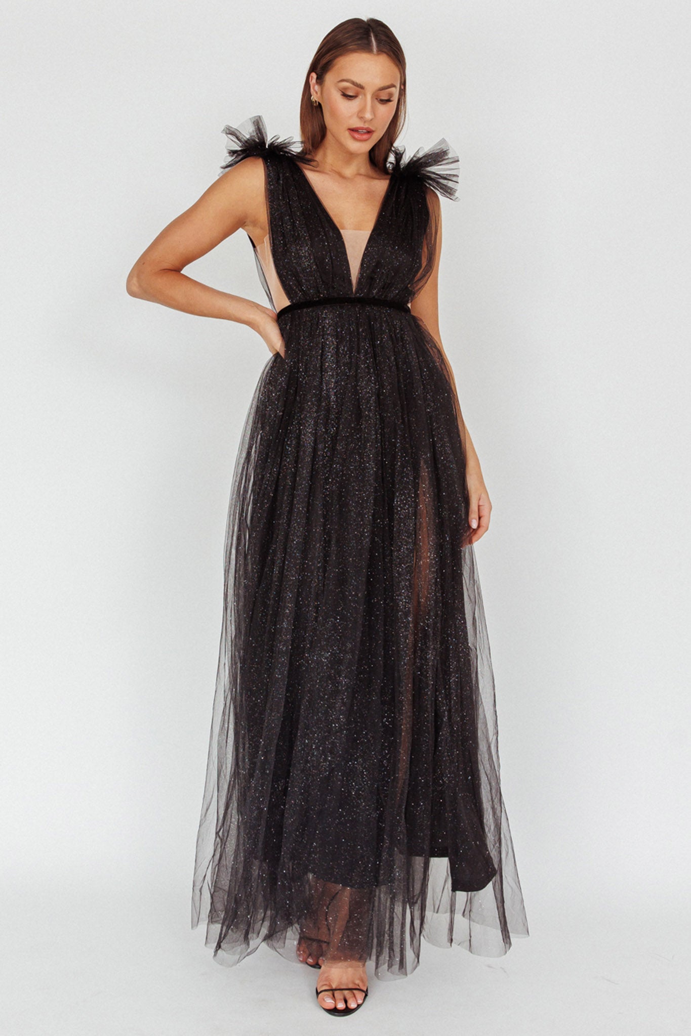 Ludivine Shoulder Accent Mesh Midi Dress Glitter Black-Maymioy