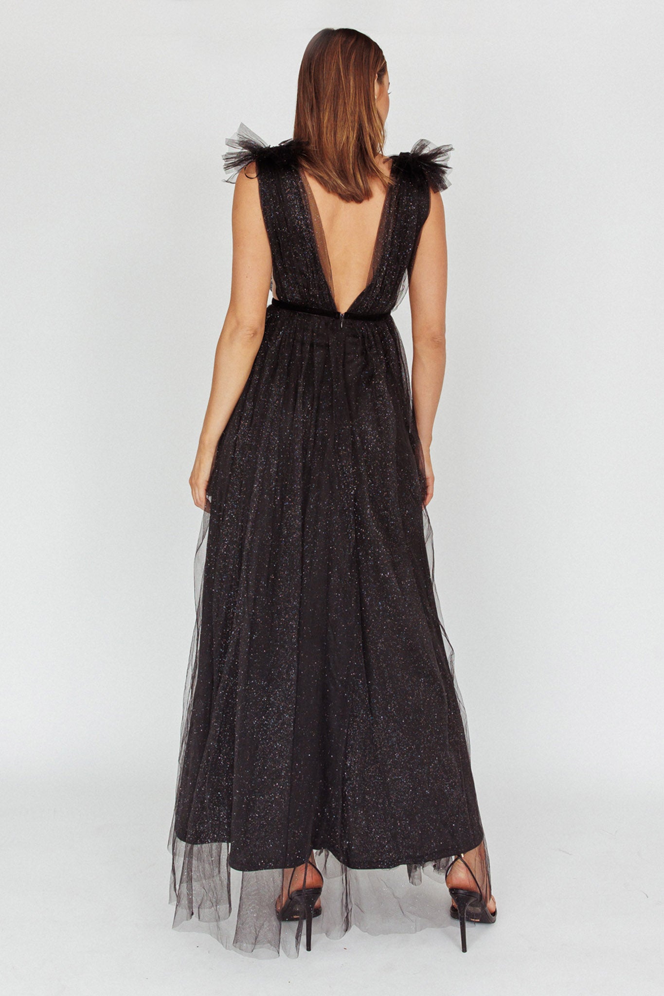 Ludivine Shoulder Accent Mesh Midi Dress Glitter Black-Maymioy