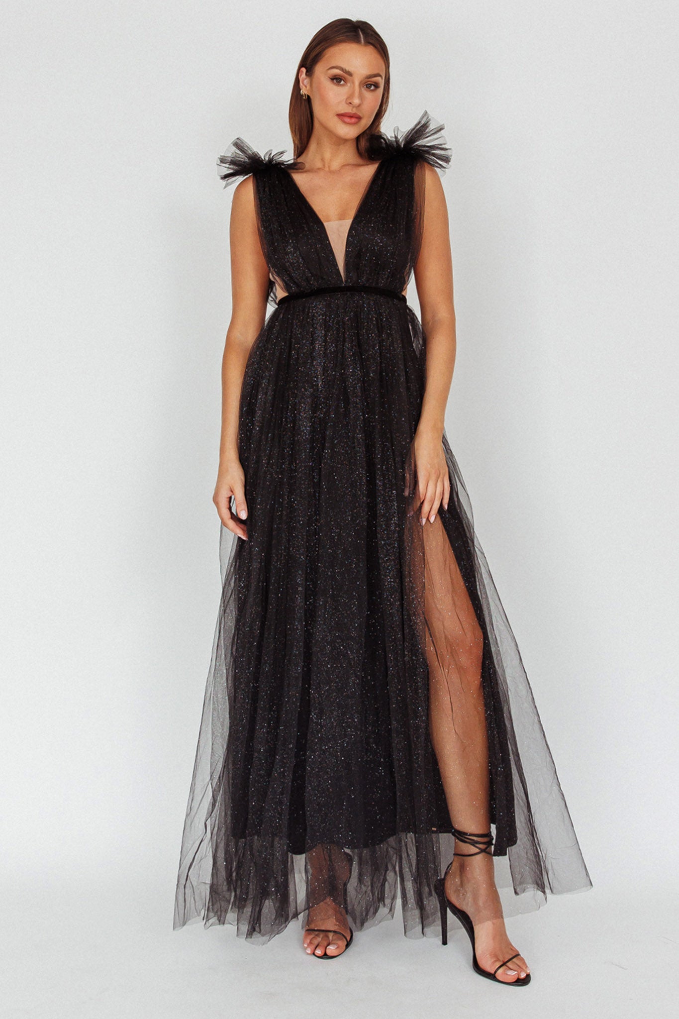 Ludivine Shoulder Accent Mesh Midi Dress Glitter Black-Maymioy