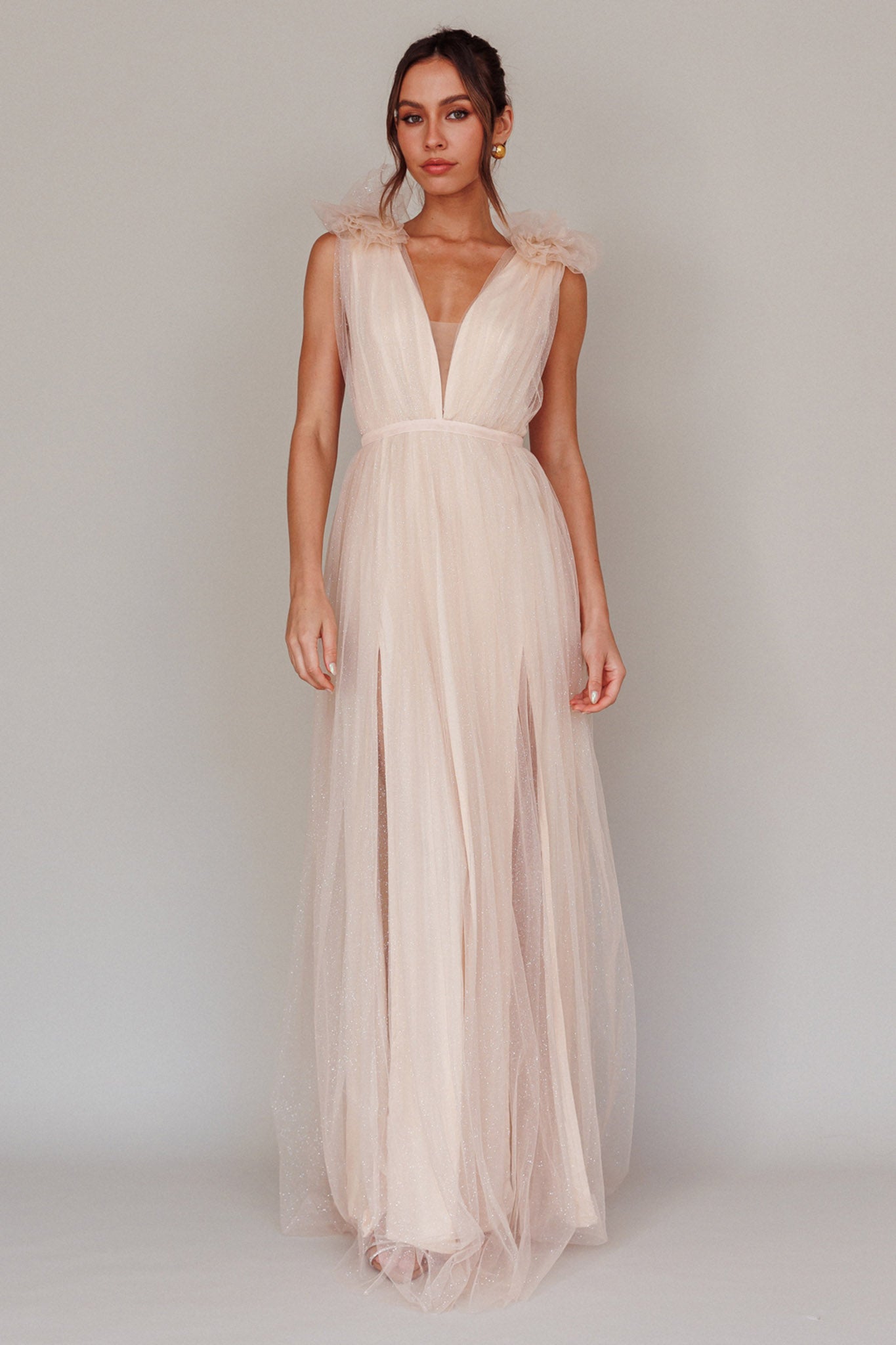 Ludivine Shoulder Accent Mesh Midi Dress Glitter Champagne-Maymioy