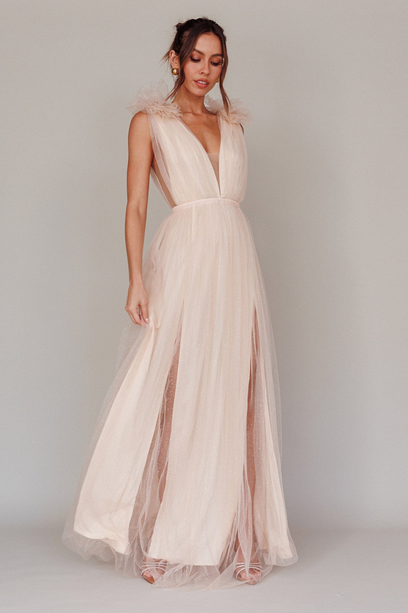Ludivine Shoulder Accent Mesh Midi Dress Glitter Champagne-Maymioy