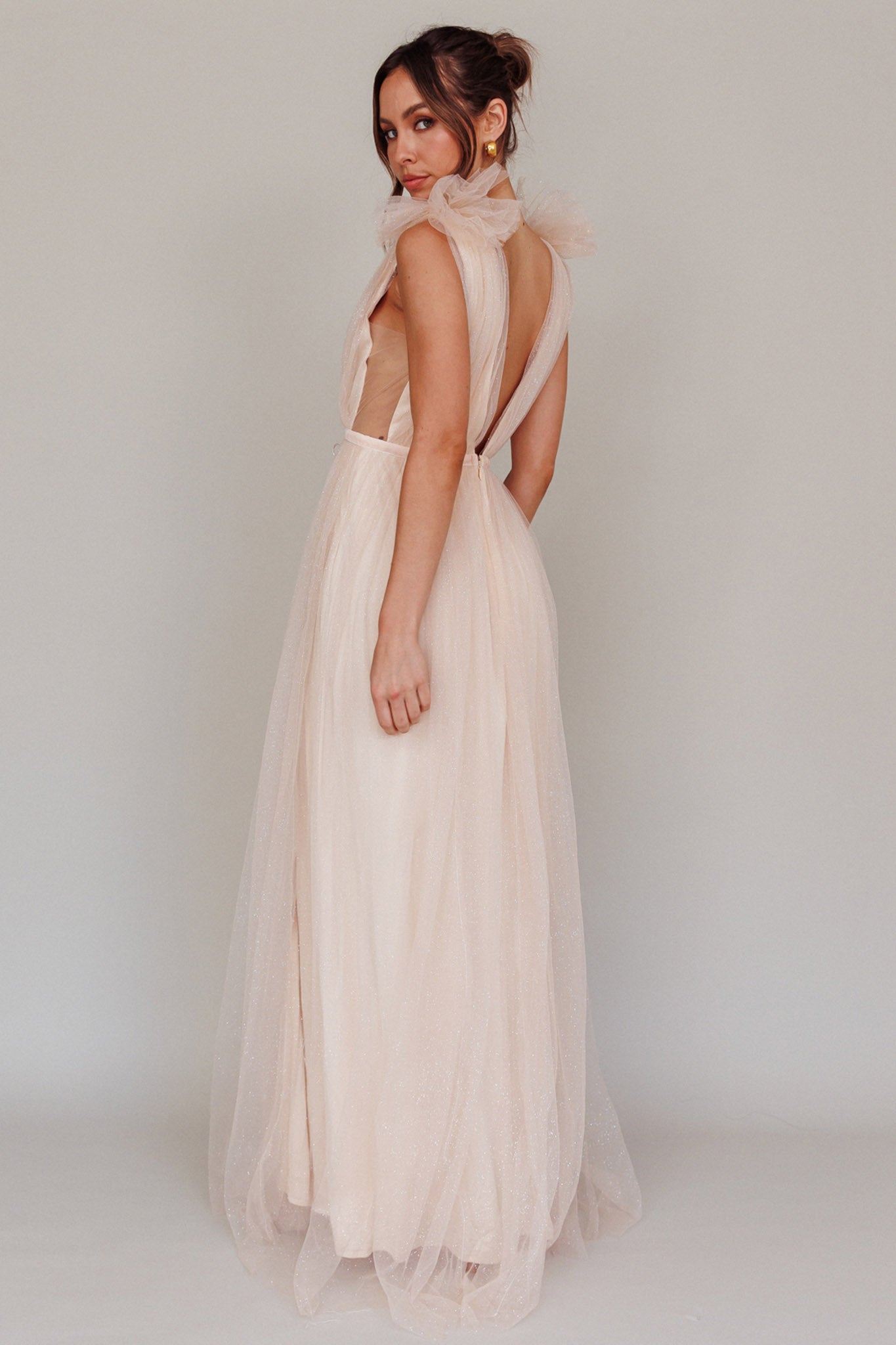 Ludivine Shoulder Accent Mesh Midi Dress Glitter Champagne-Maymioy