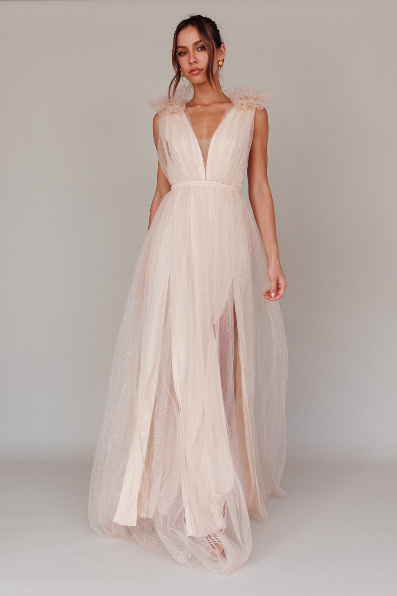 Ludivine Shoulder Accent Mesh Midi Dress Glitter Champagne-Maymioy