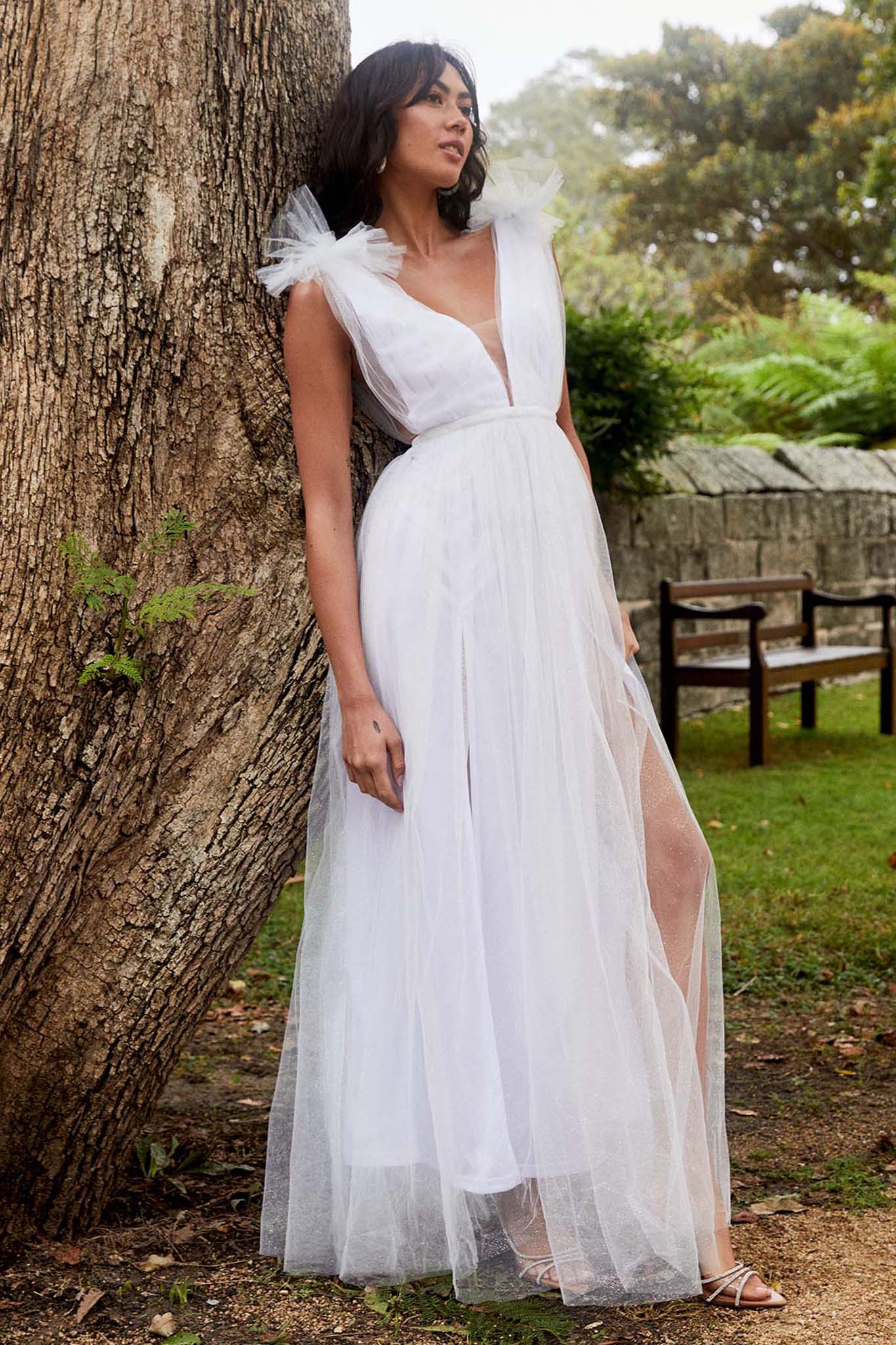 Ludivine Shoulder Accent Mesh Midi Dress Glitter White-Maymioy