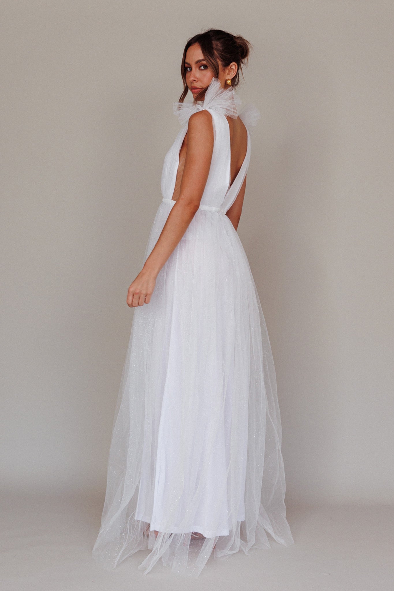 Ludivine Shoulder Accent Mesh Midi Dress Glitter White-Maymioy
