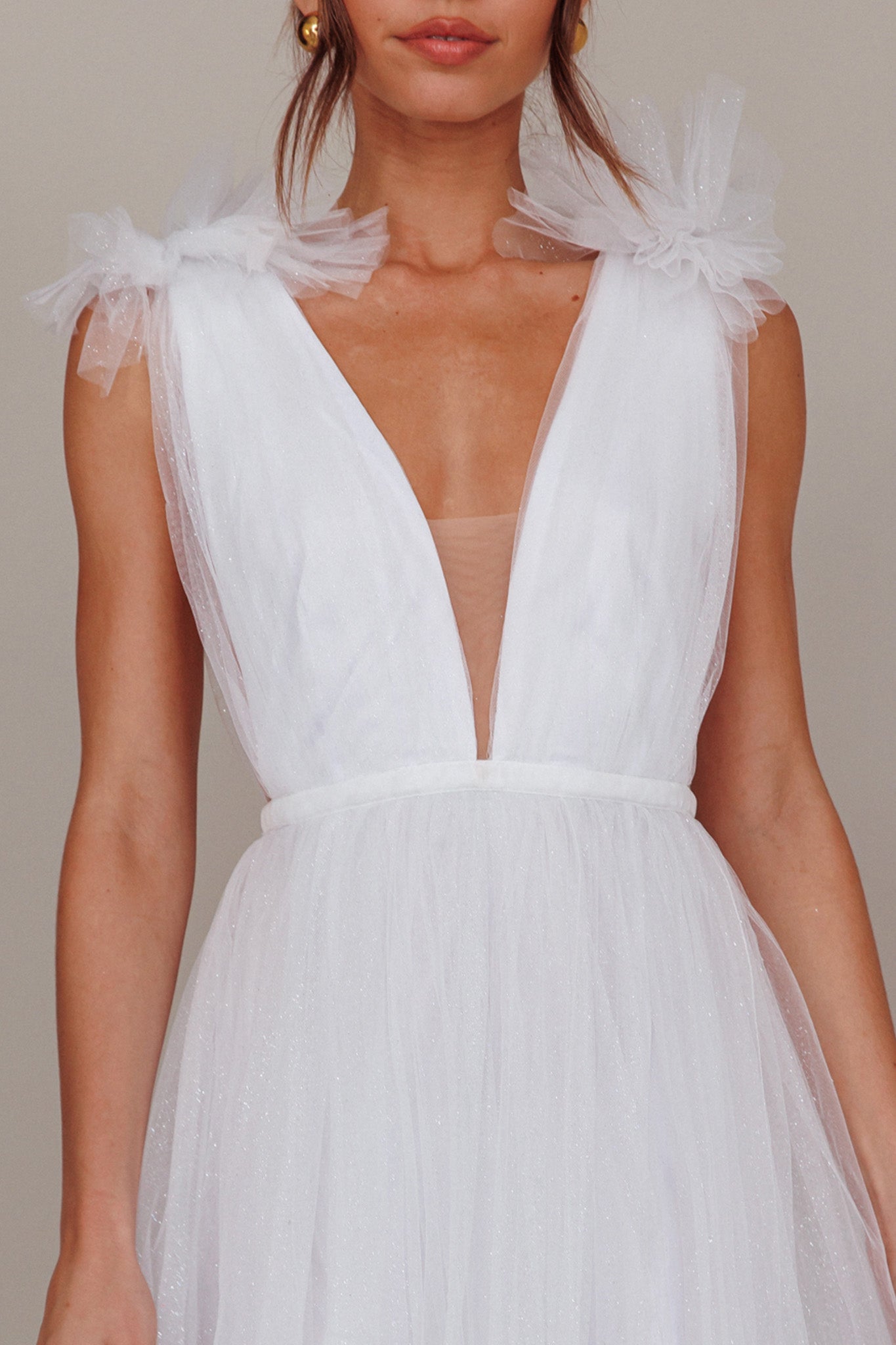 Ludivine Shoulder Accent Mesh Midi Dress Glitter White-Maymioy