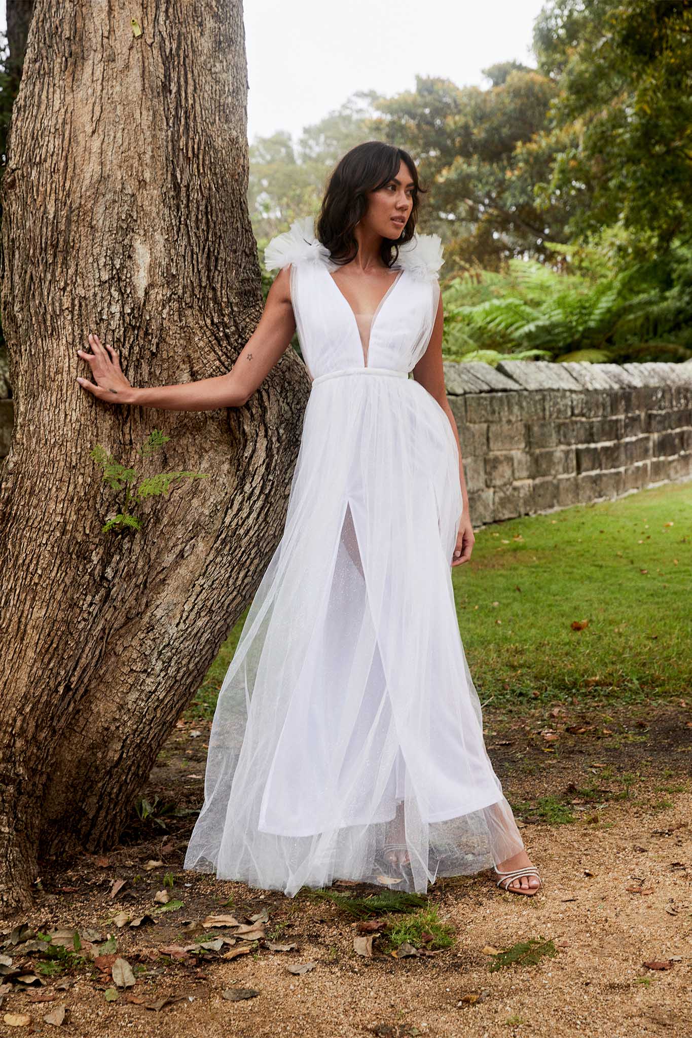 Ludivine Shoulder Accent Mesh Midi Dress Glitter White-Maymioy