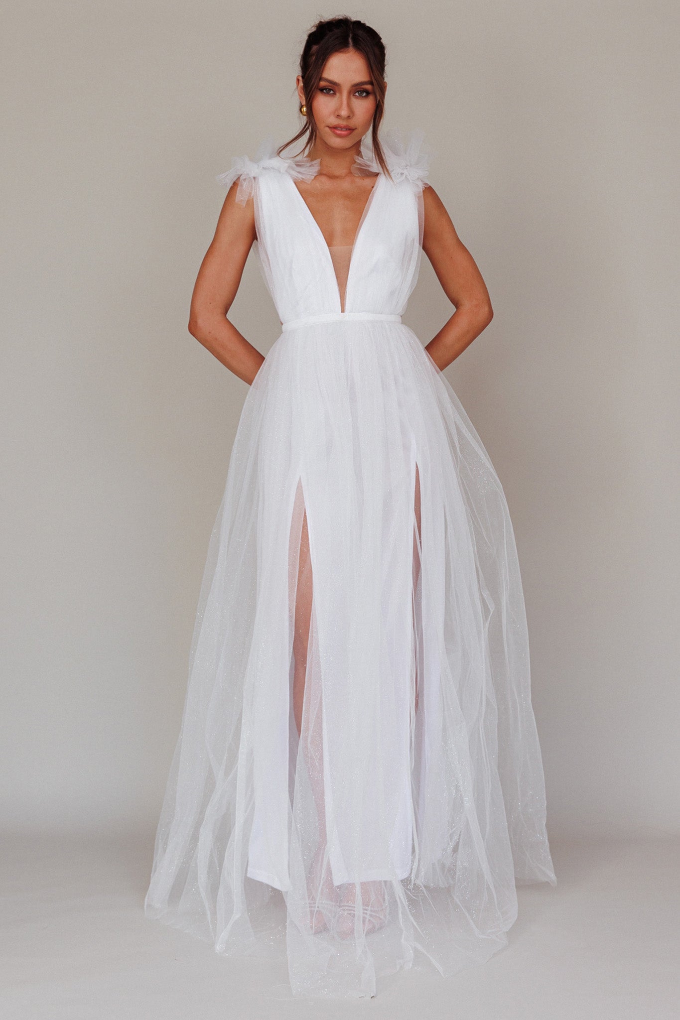 Ludivine Shoulder Accent Mesh Midi Dress Glitter White-Maymioy