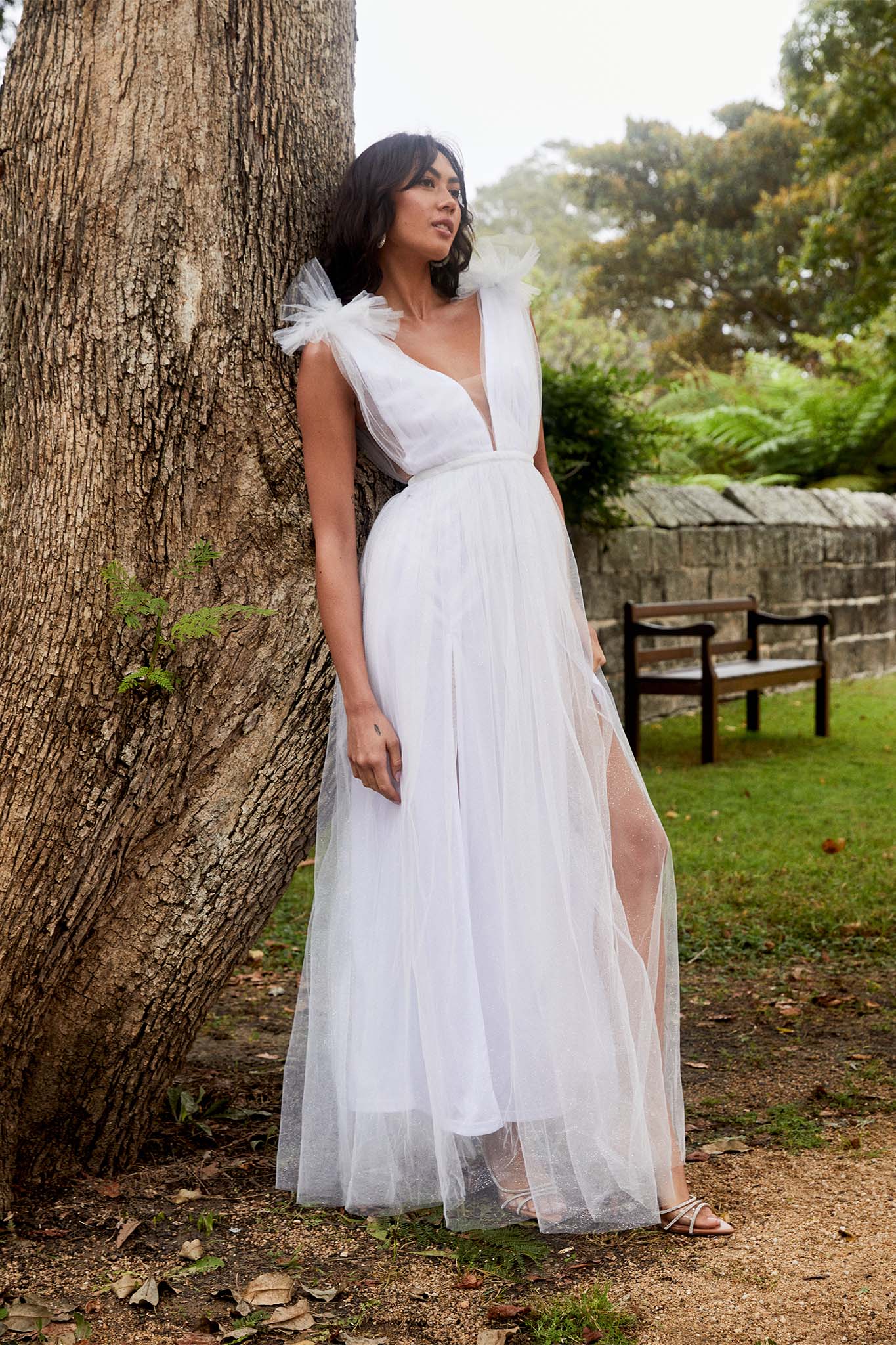 Ludivine Shoulder Accent Mesh Midi Dress Glitter White-Maymioy