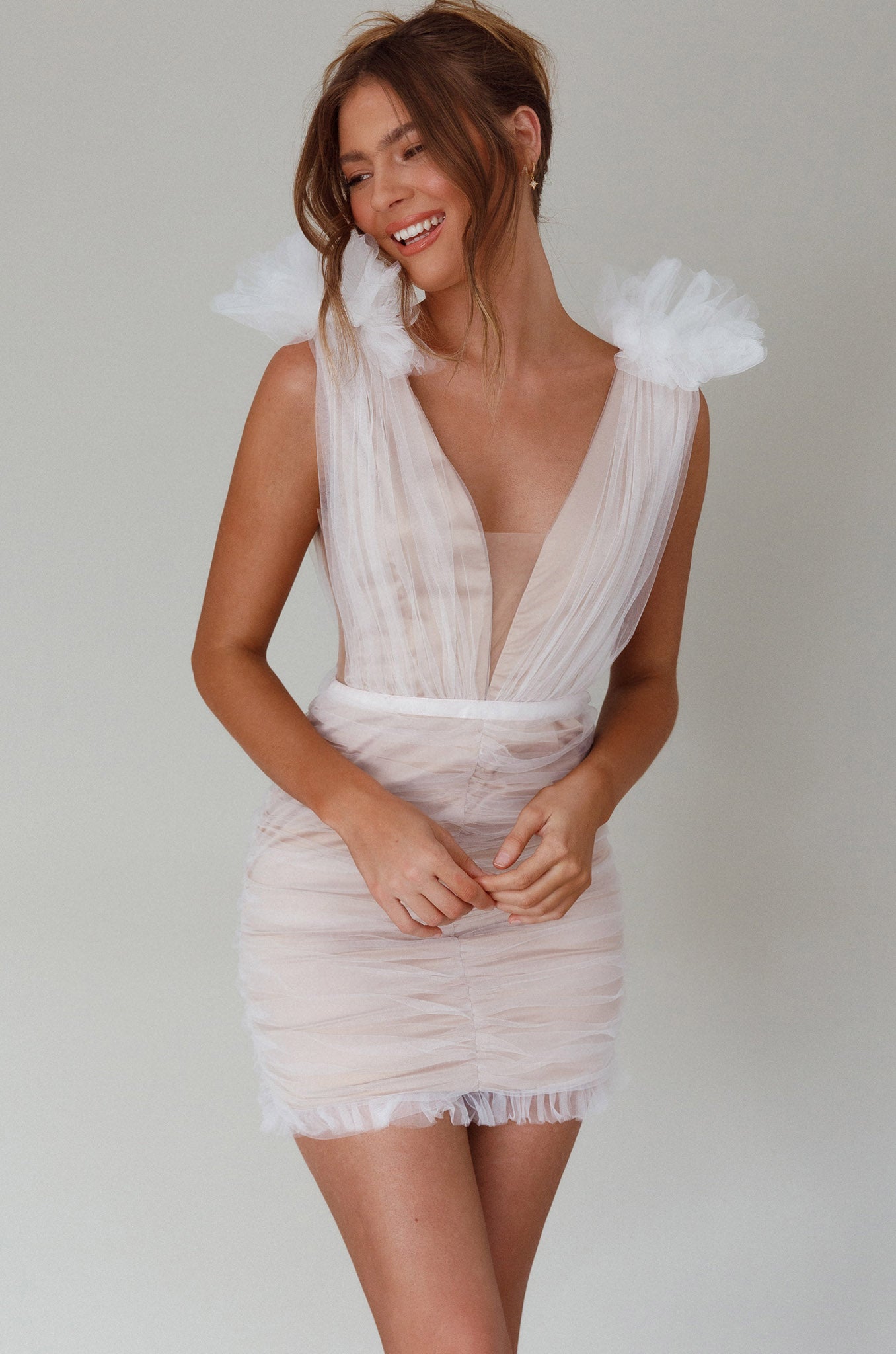Ludivine Shoulder Accent Mesh Mini Dress White-Maymioy