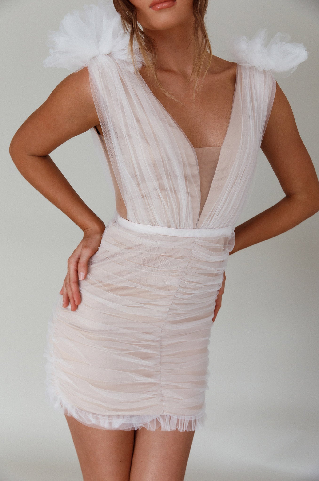 Ludivine Shoulder Accent Mesh Mini Dress White-Maymioy