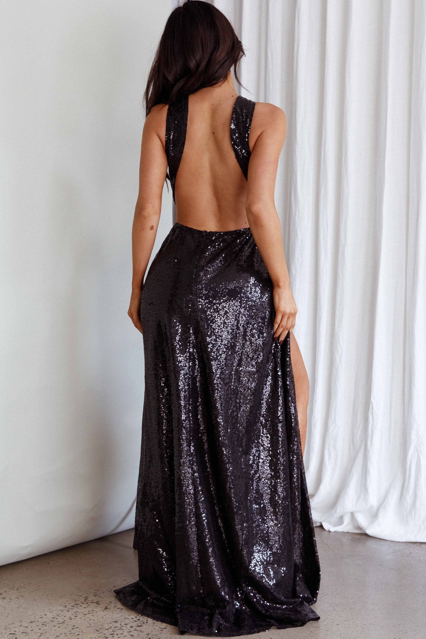 Kimba High Split Sequin Dress Black-Maymioy