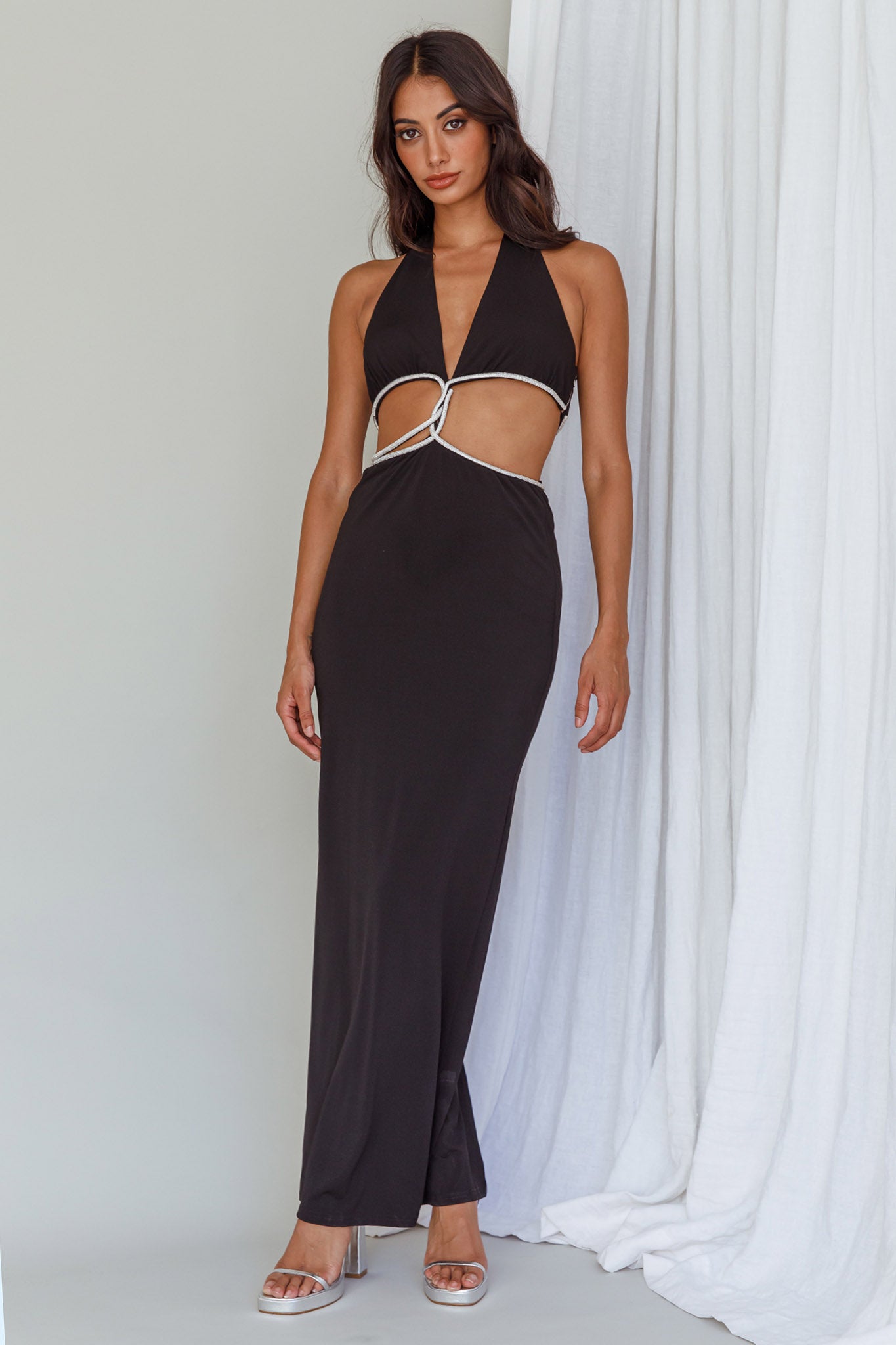 Starlight Stroll Cut-Out Diamante Dress Black-Maymioy