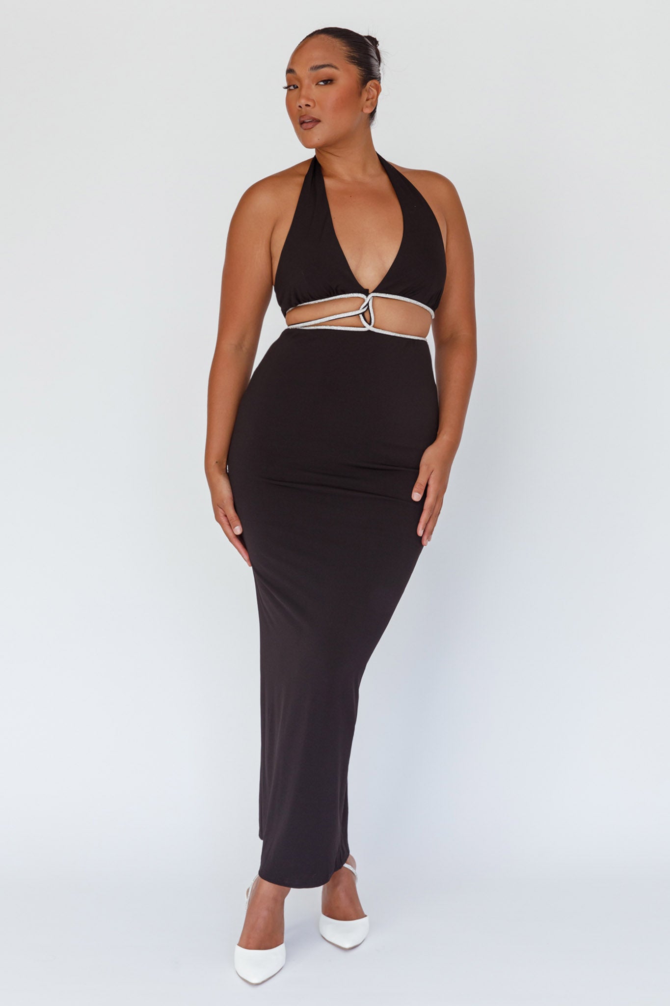 Starlight Stroll Cut-Out Diamante Dress Black-Maymioy