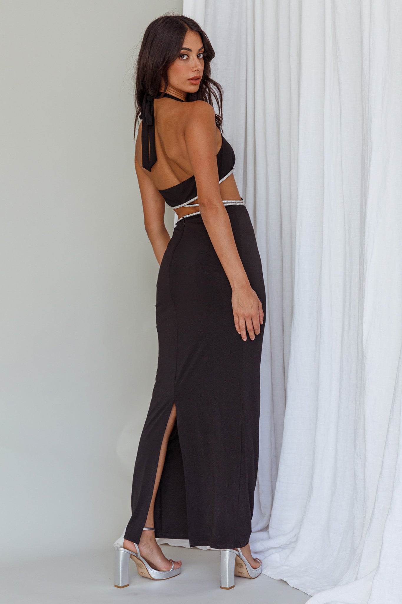 Starlight Stroll Cut-Out Diamante Dress Black-Maymioy