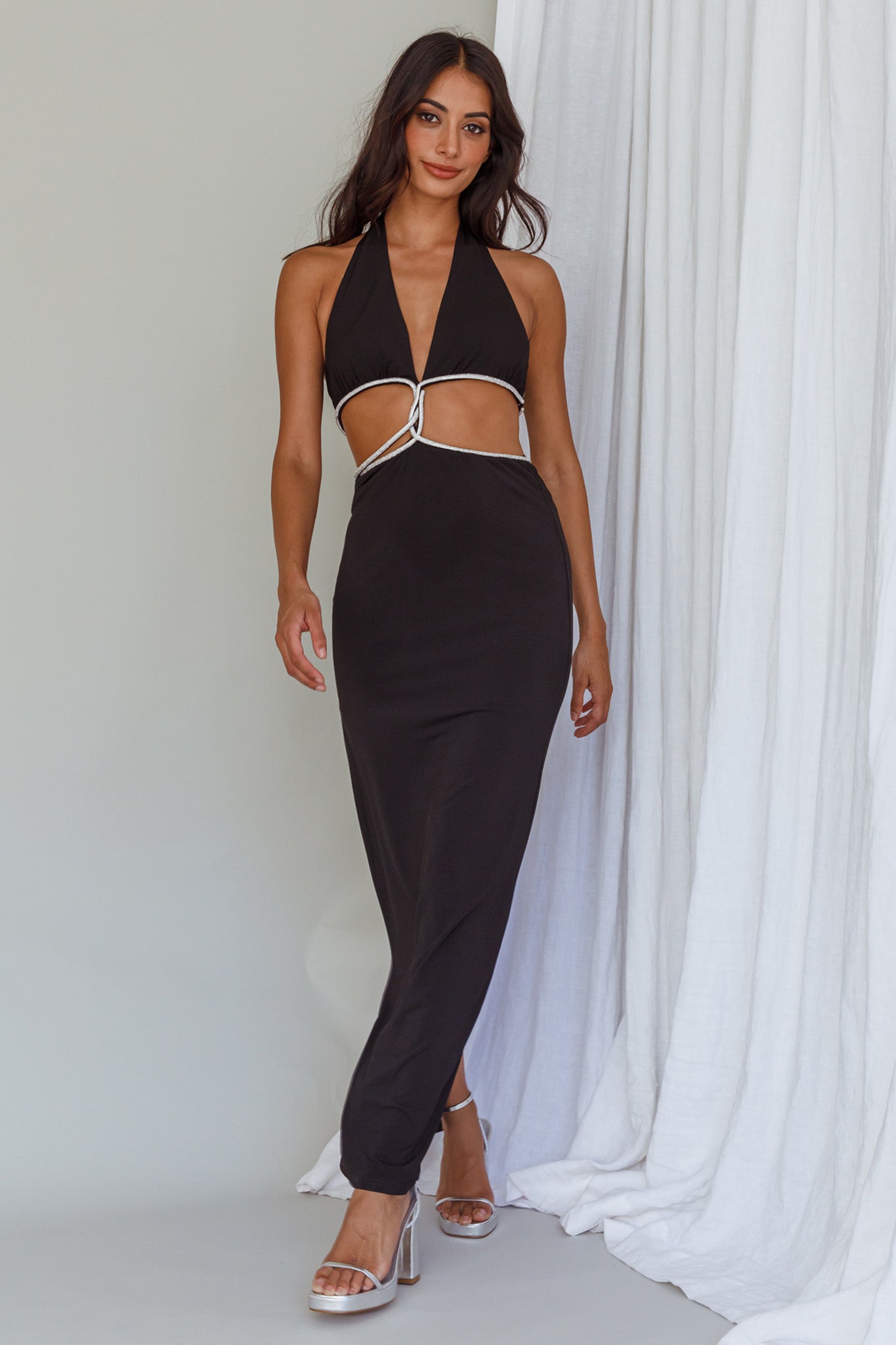 Starlight Stroll Cut-Out Diamante Dress Black-Maymioy