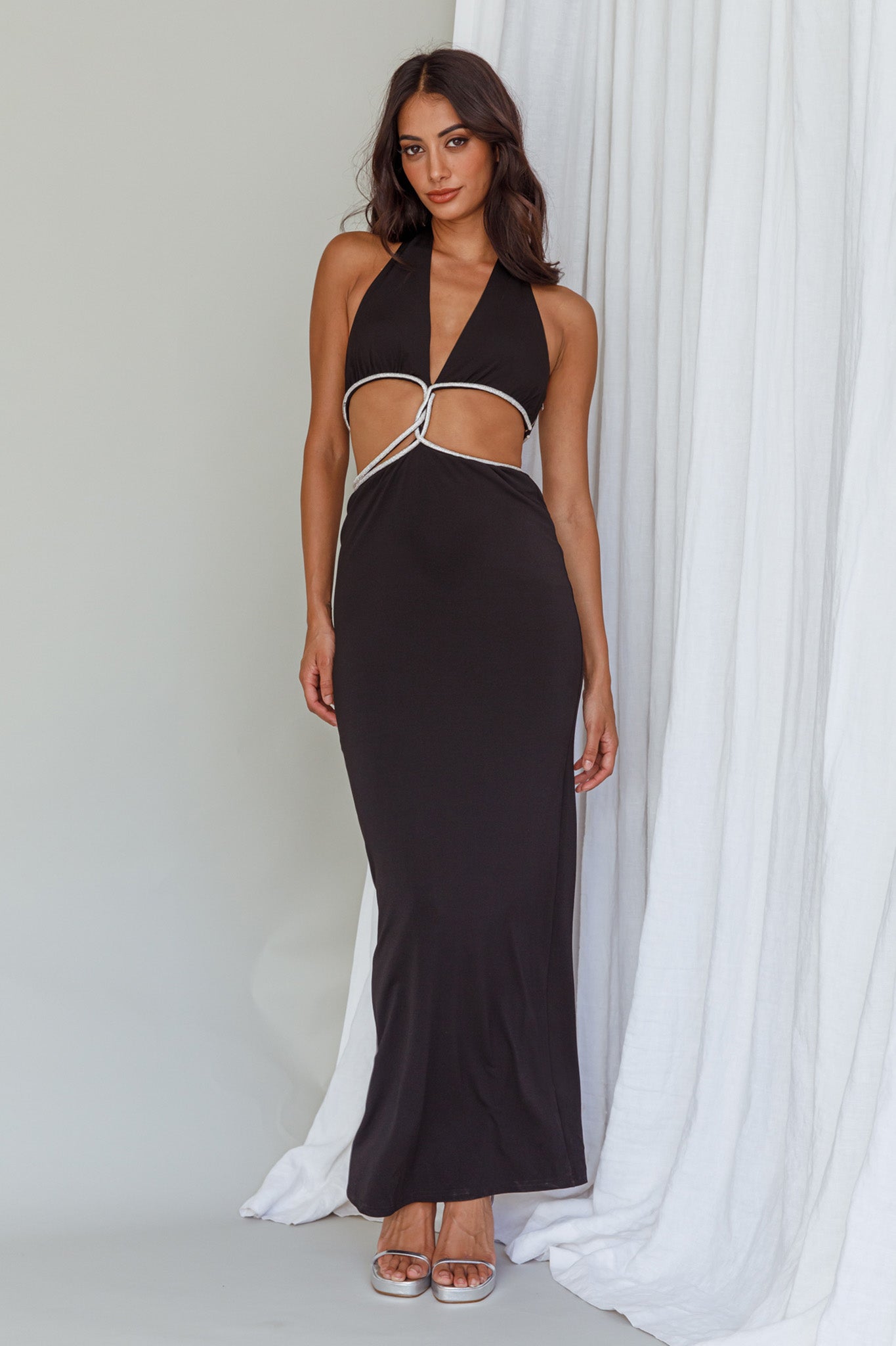 Starlight Stroll Cut-Out Diamante Dress Black-Maymioy