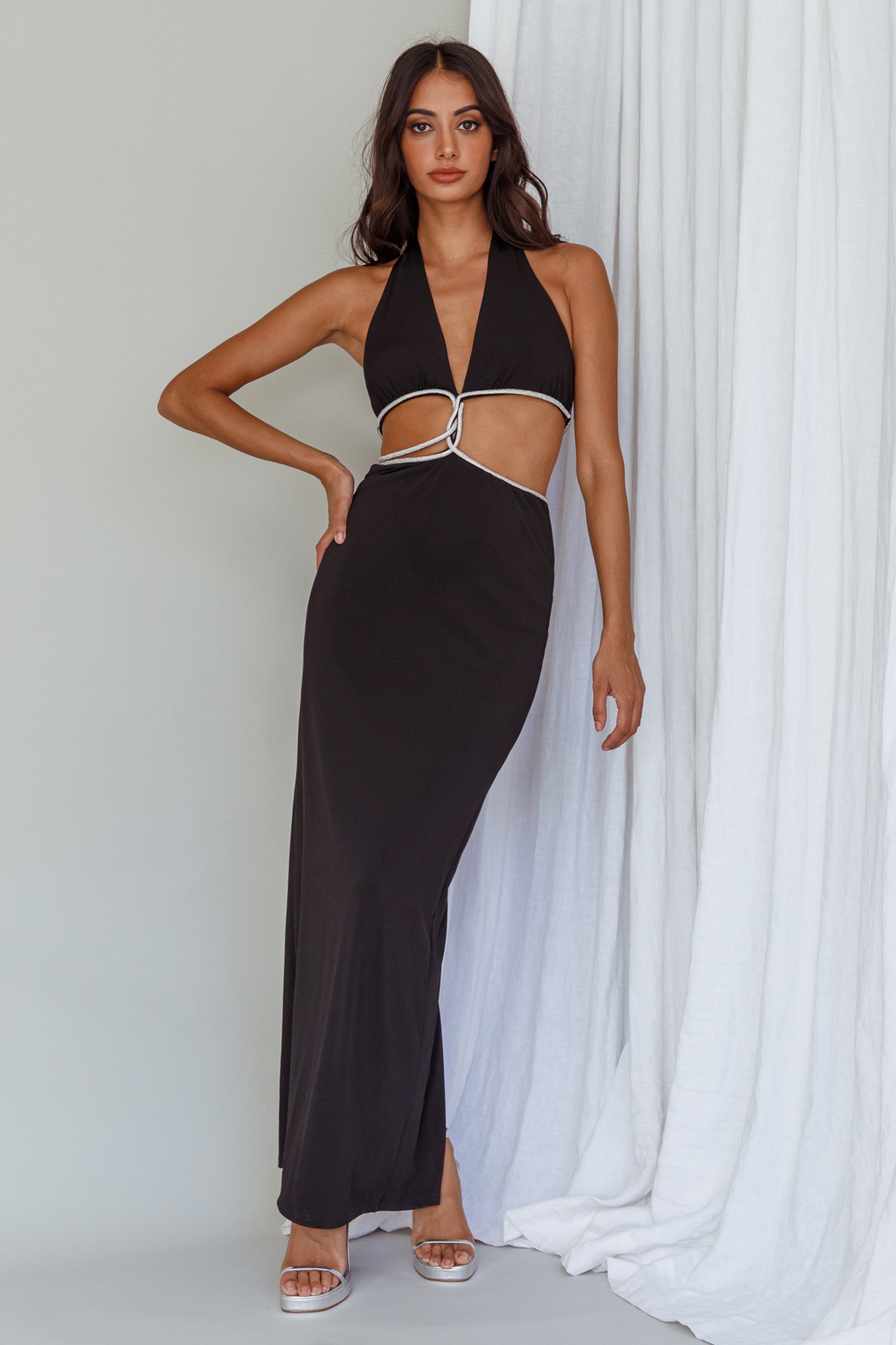 Starlight Stroll Cut-Out Diamante Dress Black-Maymioy
