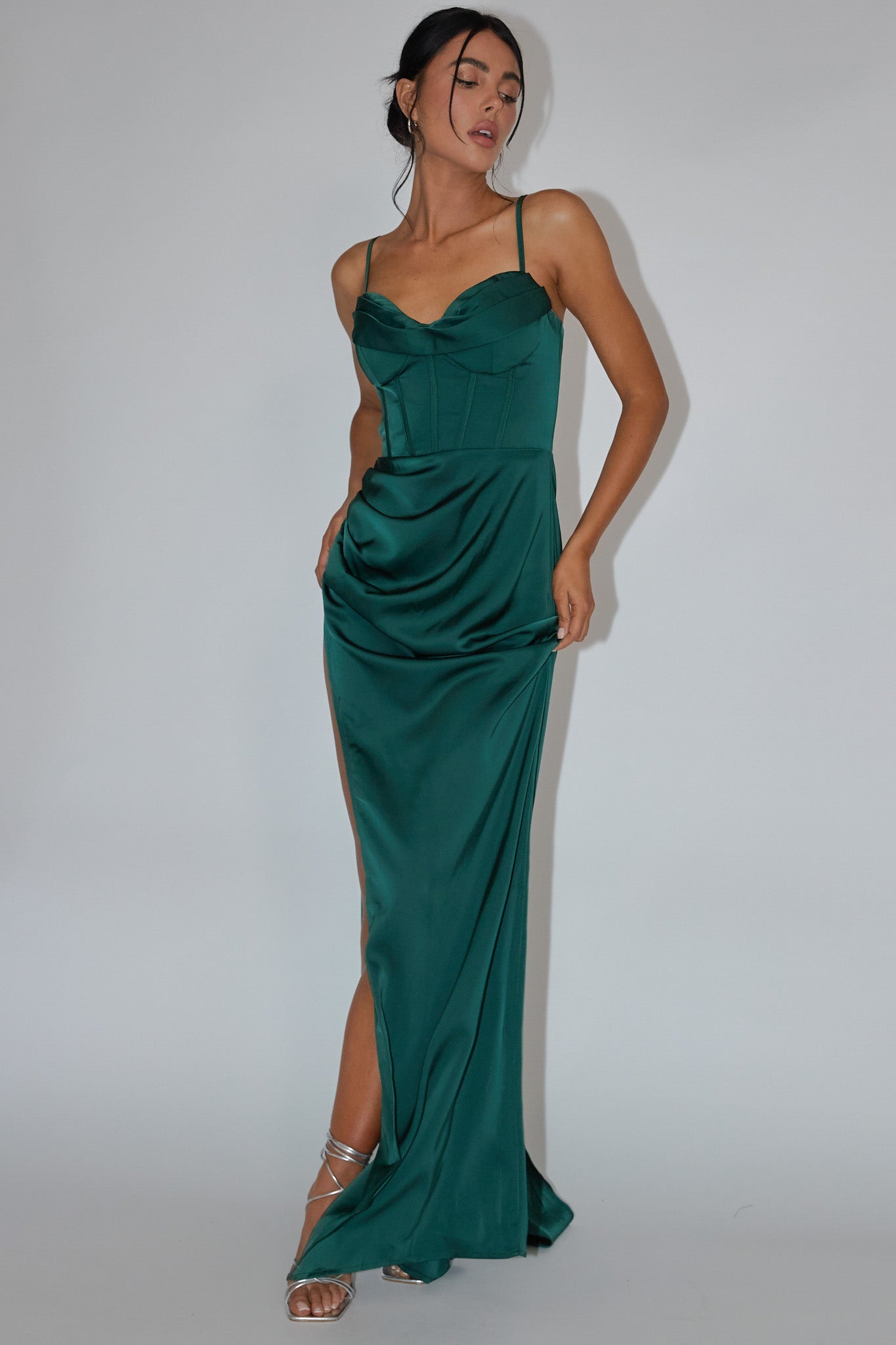 Secret Sweetheart Neckline Split Maxi Dress Hunter Green-Maymioy